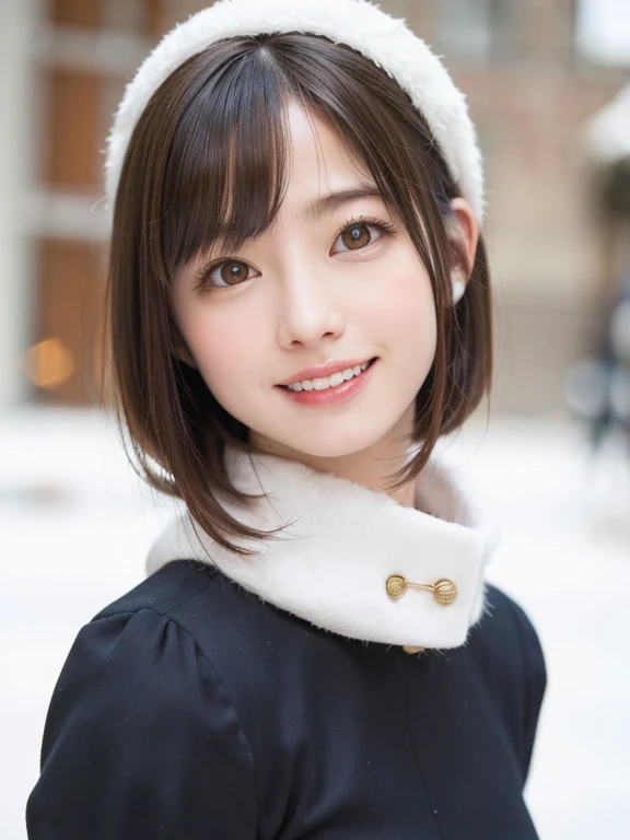 (masterpiece, highest quality),1 girl, alone, scarf, have, hyper realistic, realistic,realistic, looking at the viewer, light brown eyes:1.4,Brunette short bob hair with highly detailed shiny hair, Brightly colored winter clothes, White headscarf, lips, bangs,closed mouth, Upper body、Big eyes、eyelash、{Huge|big|Huge|mega} chest:2, cleavage:2、(((short hair with bangs、Big eyes、A major highlight for students、large full chest、look at the audience、She is very beautiful and cute、please show me your ears、long neck、smile、Close your mouth and smilee、beautiful teeth)))、ideal body proportions、(very simple red background:1.6)