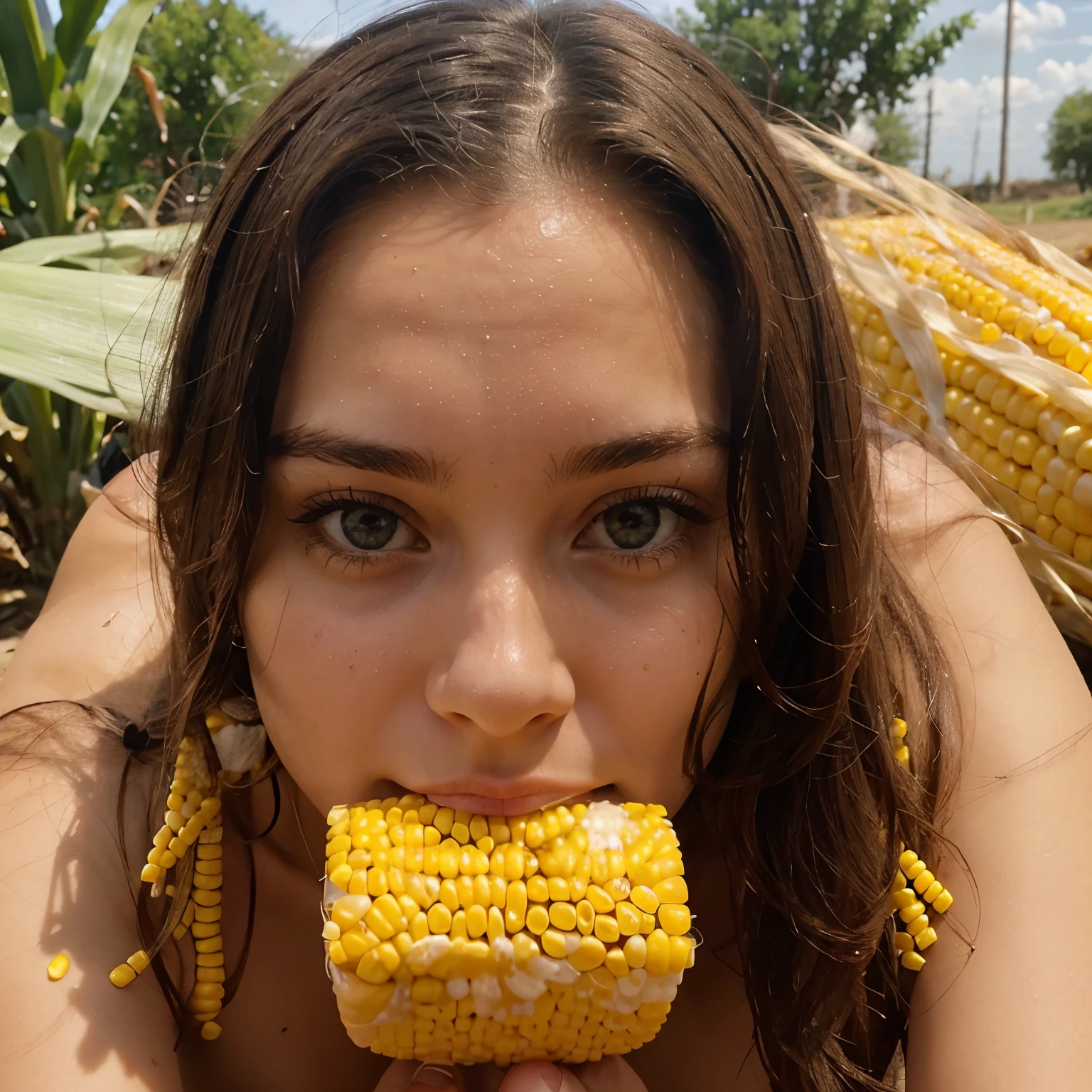 A photograph of a woman, mid 20s, making corn, perfect face, nude, white/transparent sauce 