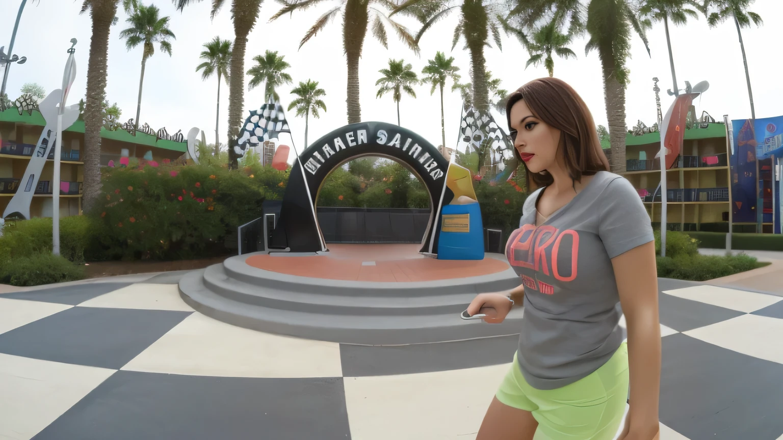 there is a woman walking in a park, a crazy racer spinning, wide shot!!!!!!, on the race track, taken in go pro hero8, pit circle, super wide shot, pov shot, disney studios, windy, go to Professional footage, taken with the best DLSR camera, close-up POV wide angle. Slim woman with thin waist. Her body exudes glamor and her face is the definition of beauty. Test, highly realistic, reddish skin, beautiful, slightly full lips, red lipstick, feeling of lightness and joy, hyper-realism, very elaborate skin, direct look. Full body photo, clear and high quality photo. Beautiful woman, extremely sexy, very sensual. Masterpiece: 1.3, high resolution, (photographically realistic), 8k, NUDE, NUDITY, NFSW.