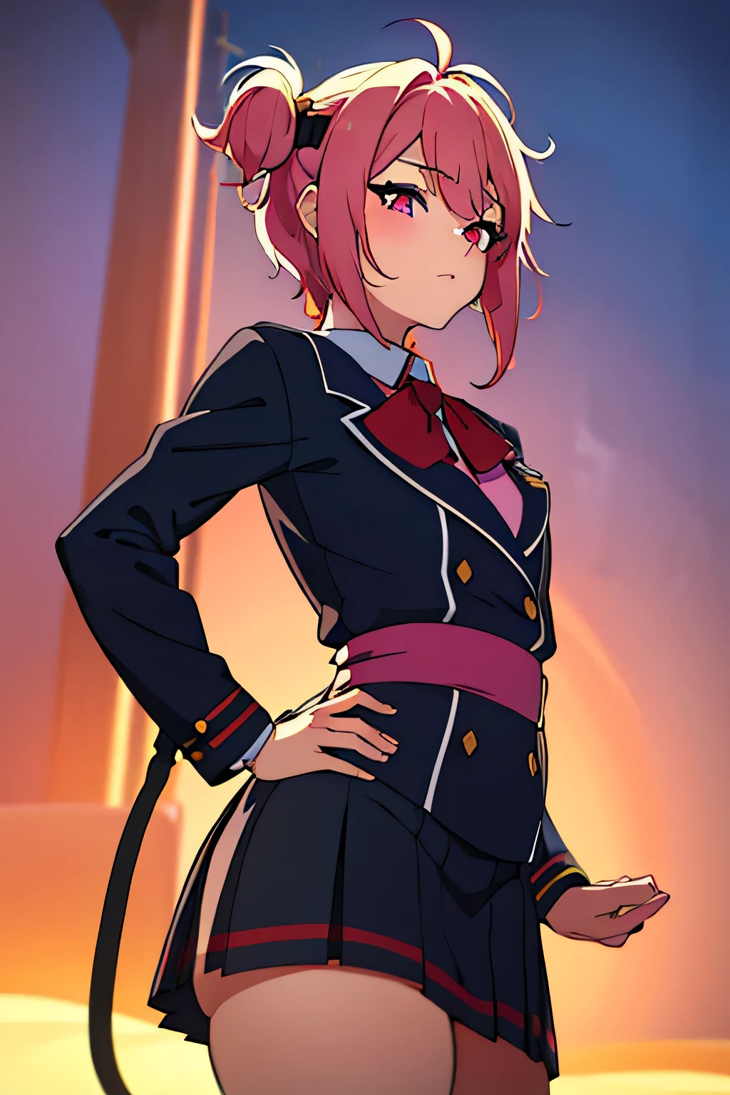 there is a cartoon picture of feminine boy with short pink hair, anime moe artstyle, 1 7 - year - old anime, in an anime style, demon femboy, flat anime style, cute, crossdresser, lewd body, curvy, school girl uniform, doing a sexy pose, small breasts