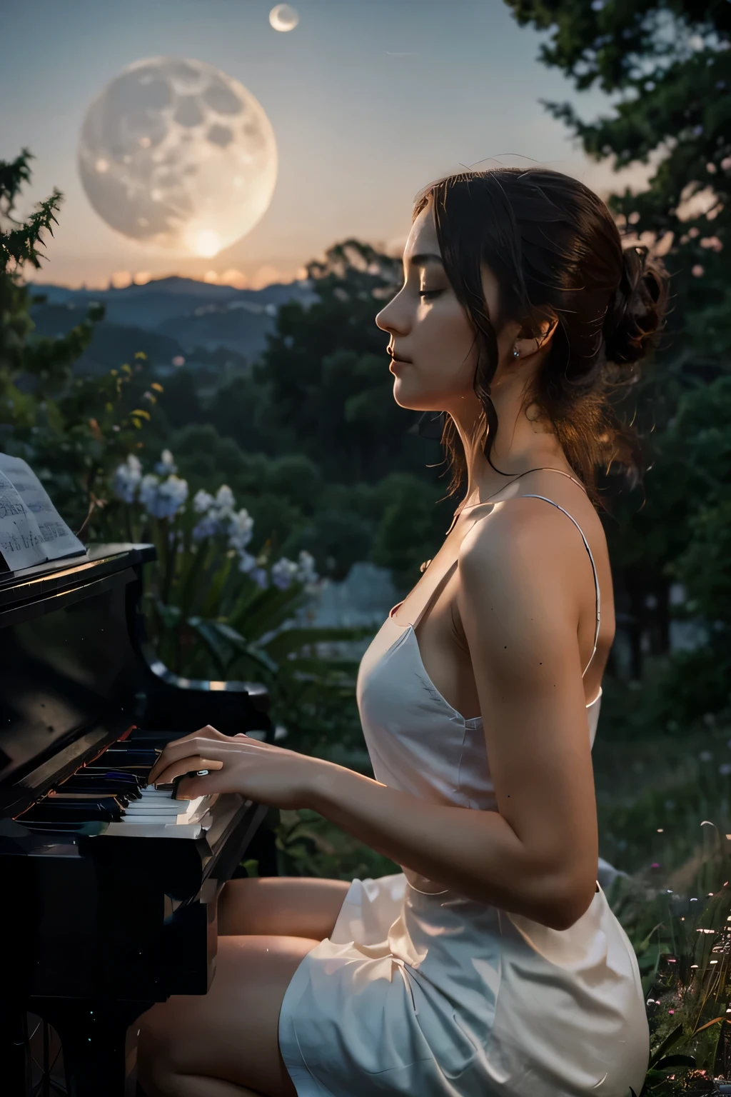 poetic female singer playing piano in the middle of a hill, ultrarealistic, moonlight, 4k