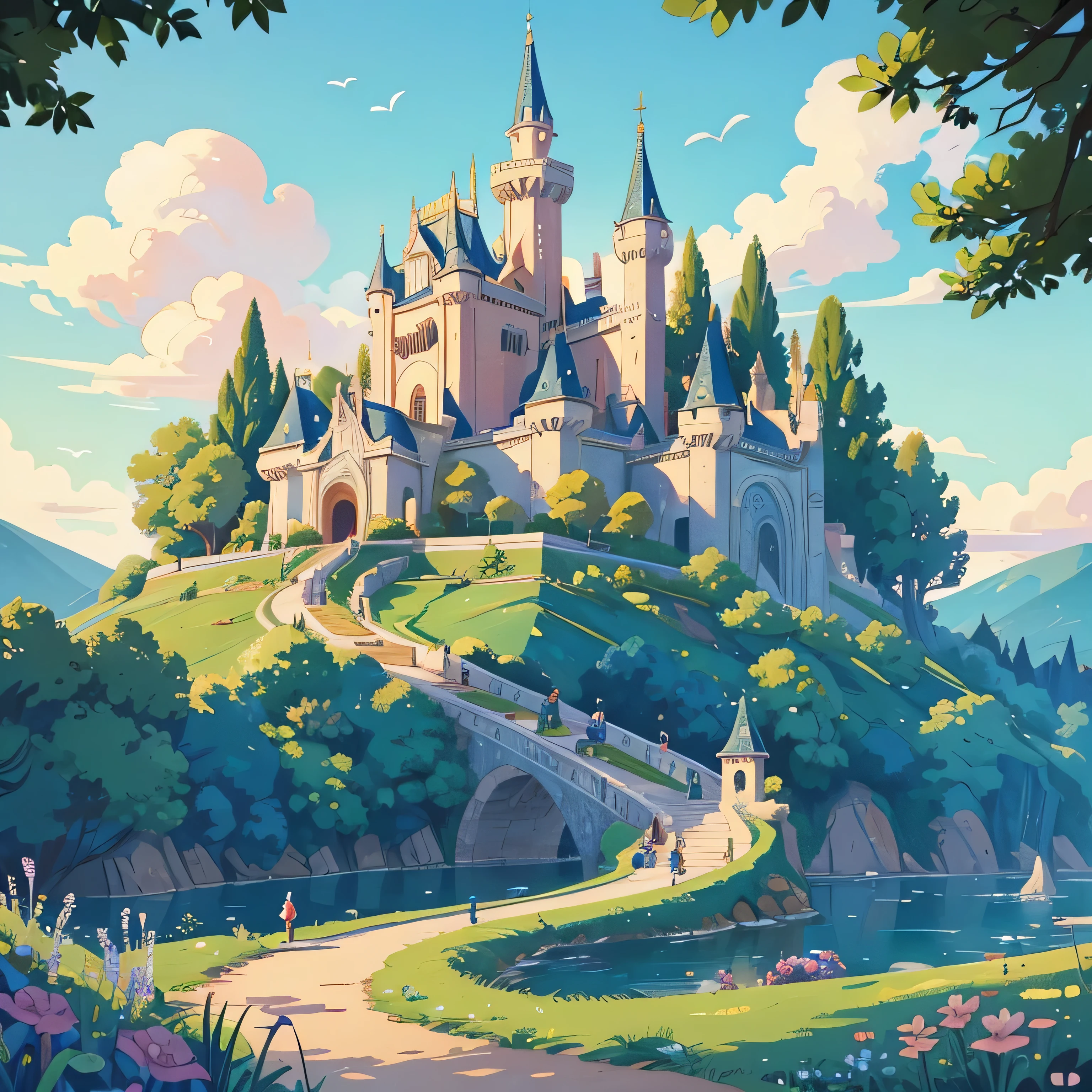 cartoon illustration of a castle on a hill with a road leading to it, fondo de estilo cuento de hadas, fondo del castillo, royal garden background, El fondo es el castillo de Disneyland., escenario del castillo, Fondo de Disneylandia, magic castle school on a hill, fondo de artwork, lugar de cuento de hadas, fondo de arte, fondo del palacio, Paisaje inspirado en Disney, fairyland, obra de arte de cuento de hadas, beautiful representation of a fairy tale