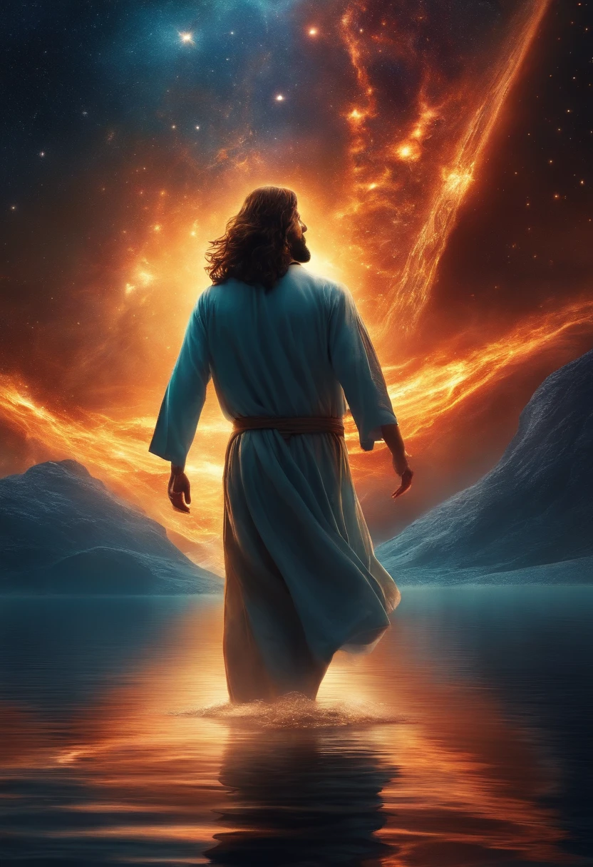 Depict beings similar to Jesus exercising cosmic powers in the vastness of space with a flaming cross in the background he is leaving through an open door in the middle of nowhere he walks on water, 8k ultra