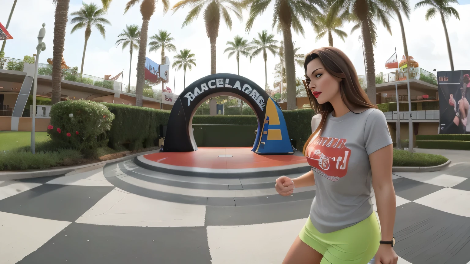 there is a woman walking in a park, a crazy racer spinning, wide shot!!!!!!, on the race track, taken in go pro hero8, pit circle, super wide shot, pov shot, disney studios, windy, go to Professional footage, taken with the best DLSR camera, close-up POV wide angle. Slim woman with thin waist. Her body exudes glamor and her face is the definition of beauty. Test, highly realistic, reddish skin, beautiful, slightly full lips, red lipstick, feeling of lightness and joy, hyper-realism, very elaborate skin, direct look. Full body photo, clear and high quality photo. Beautiful woman, extremely sexy, very sensual. Masterpiece: 1.3, high resolution, (photographically realistic), 8k, NUDE, NUDITY, NFSW.