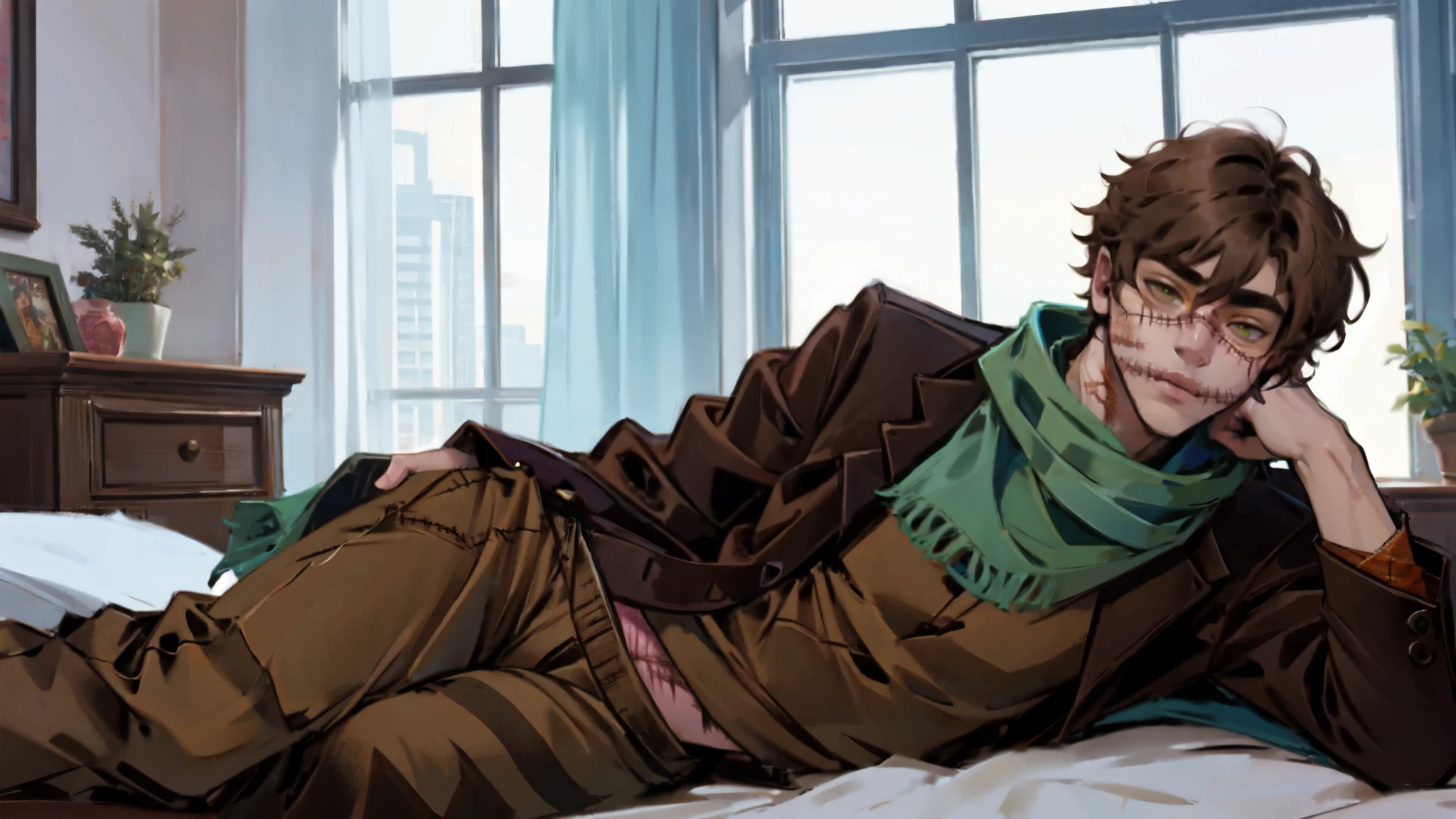 short brown hair, man with scarred face, stitches, striped scarf, brown pants, lying in bed on his side
