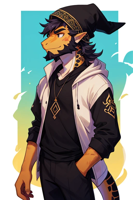 Scaile, Male, antro, Informal clothes, taller, 20 years old, younger, solo, White Scales, Pelo color lila, paleta de colores lila, Black clothes, Scaile, messy hair, Gorro de tela negra, Hombre lagarto, Lizard, beard, 