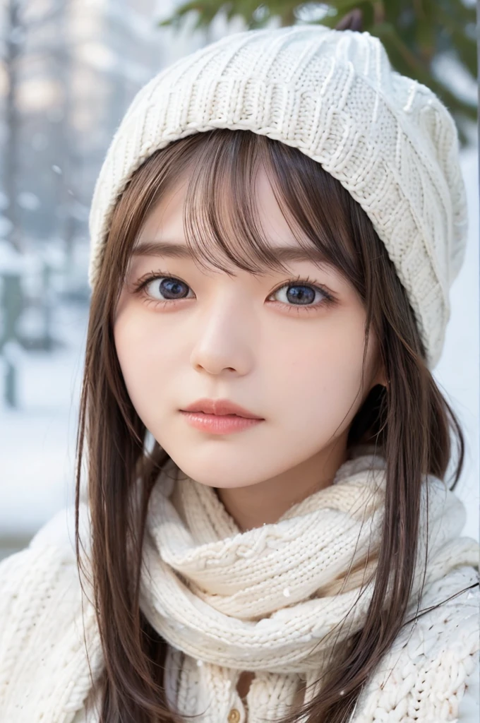 one girl, (a beauty girl, delicate girl:1.3), (13 years old:1.3),
break, (scarf, Knitted hat:1.3),
break, Very fine grain definition, (Symmetrical eyes:1.3),
break, (Snow Scene:1.3),
break, Small breasts, Brown eyes, Parted bangs, Brown Hair, girl,
break, (Eyes and facial details:1.0),
break, (masterpiece, highest quality, Super detailed, Detailed face, 8k)
