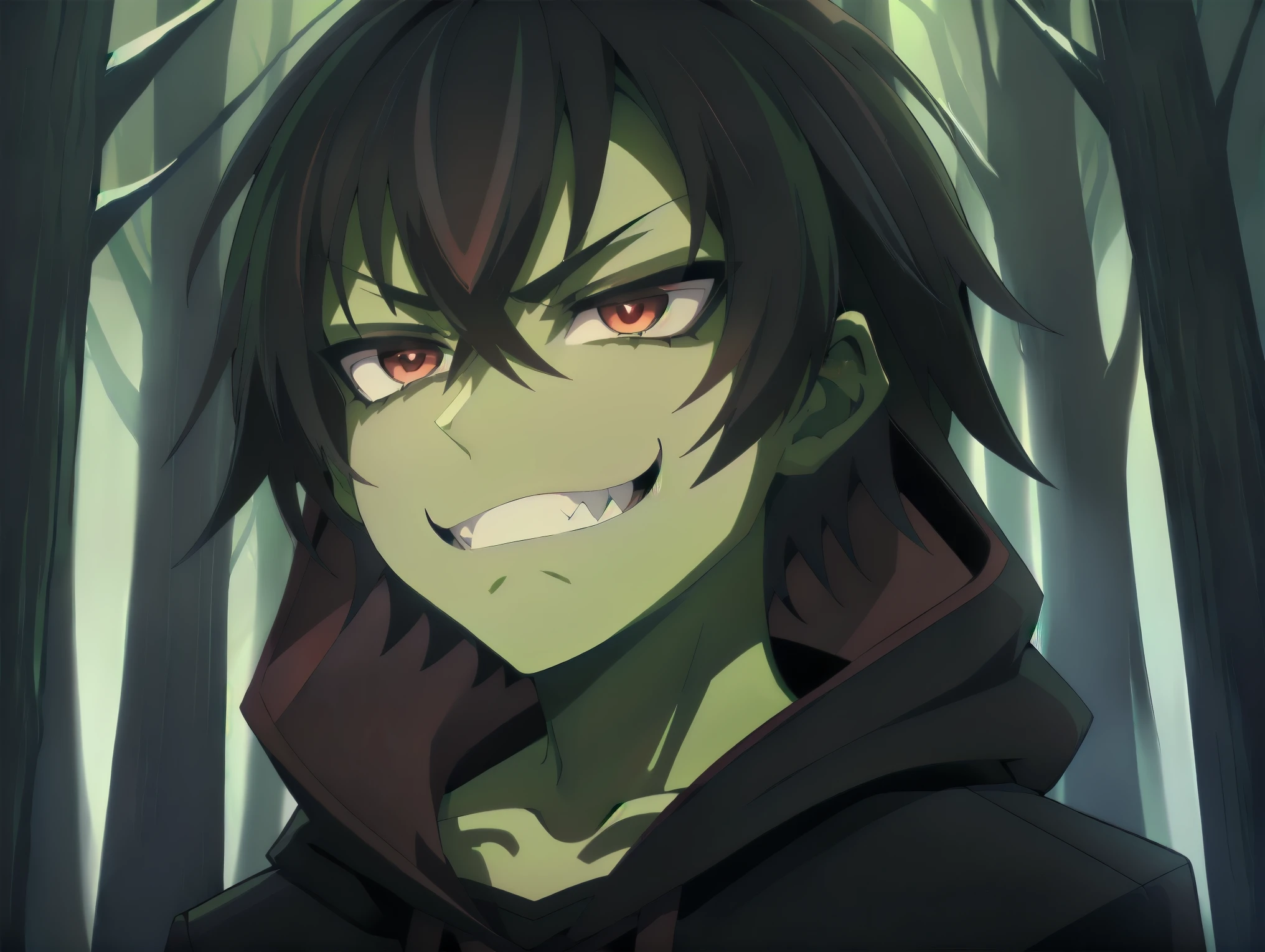 ((((Green skin toon)))), (((1Boy))), (((short black hair))), (((red ligth eyes))), ((Wearing a black cloak with a hood)), (((Evil grin))), (((Into the forest))), ((best quality)), (detailed), ((style novel)), beautiful cores, ((anime_Colores)), (Solo)