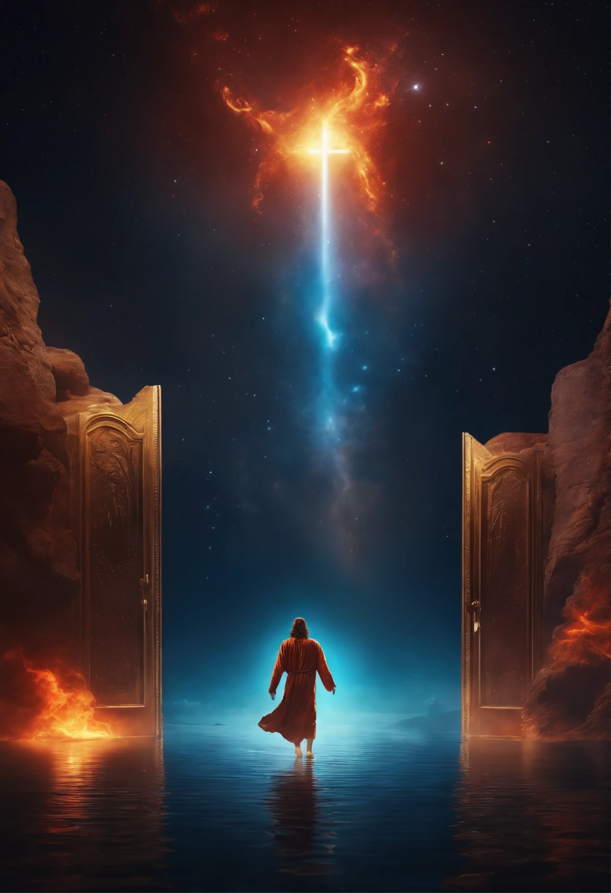 Depict beings similar to Jesus exercising cosmic powers in the vastness of space with a flaming cross in the background he is leaving through an open door in the middle of nowhere he walks on water, 8k ultra
