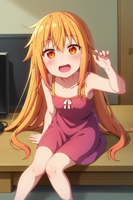 Ruby Hoshino, 1 girl, Solo, Ruby Hoshino, Symbol-shaped pupil, (Left star-shaped pupil:1.5), (Red eye, Left star:1.5), Symbol eye, Long hair, Blonde hair, Bangs, (Side ponytail:1.1), Barefoot, Sports bra, Panty shot, Sun through trees, forest, river, smile, open mouth,