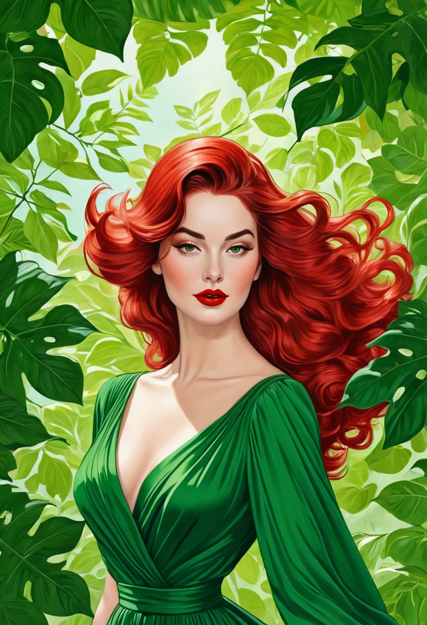 Une illustration magnifiquement dessinée d’une femme aux cheveux rouges, porter une robe verte, and surrounded by green leaves. The woman has a prominent neckline, and her hair is styled'a way that completes your outfit. L'image capture l'élégance et le charme de la femme, which makes it a work of'art attrayante.