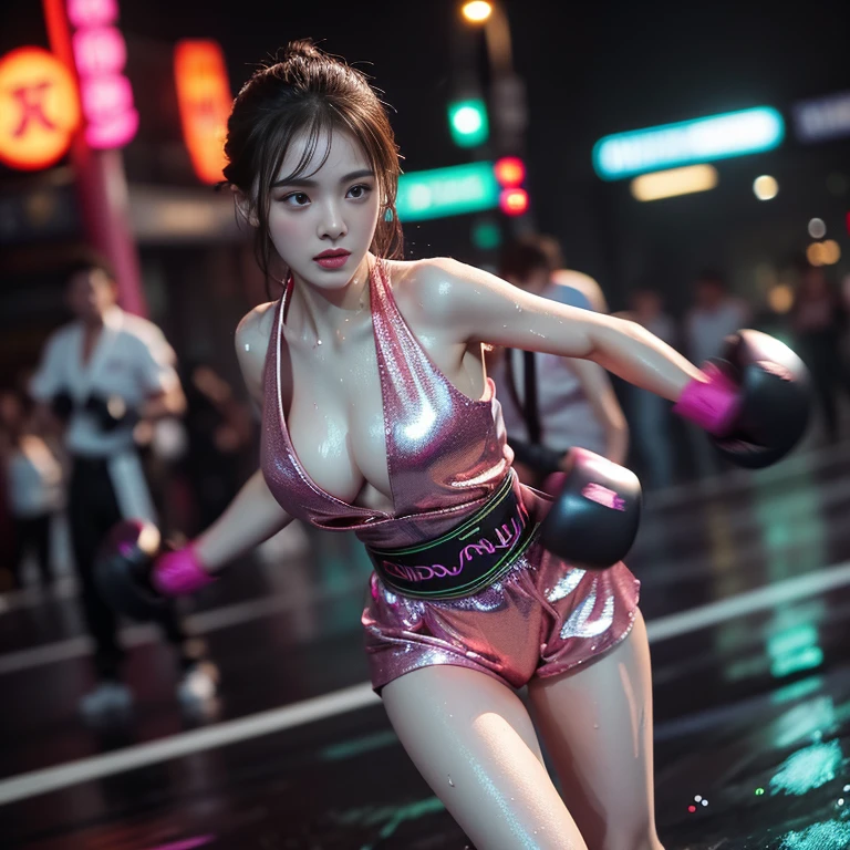 (highest quality、8k、High resolution、masterpiece:1.ung and beautiful woman、Big Breasts、(Shadowboxing:1.5)、Quick Movement、(Motion Blur Effect:1.5)、(Wet body)、Busy street at night、neon、(Looking at the camera:1.0)、Futuristic clothing in pink metallic color