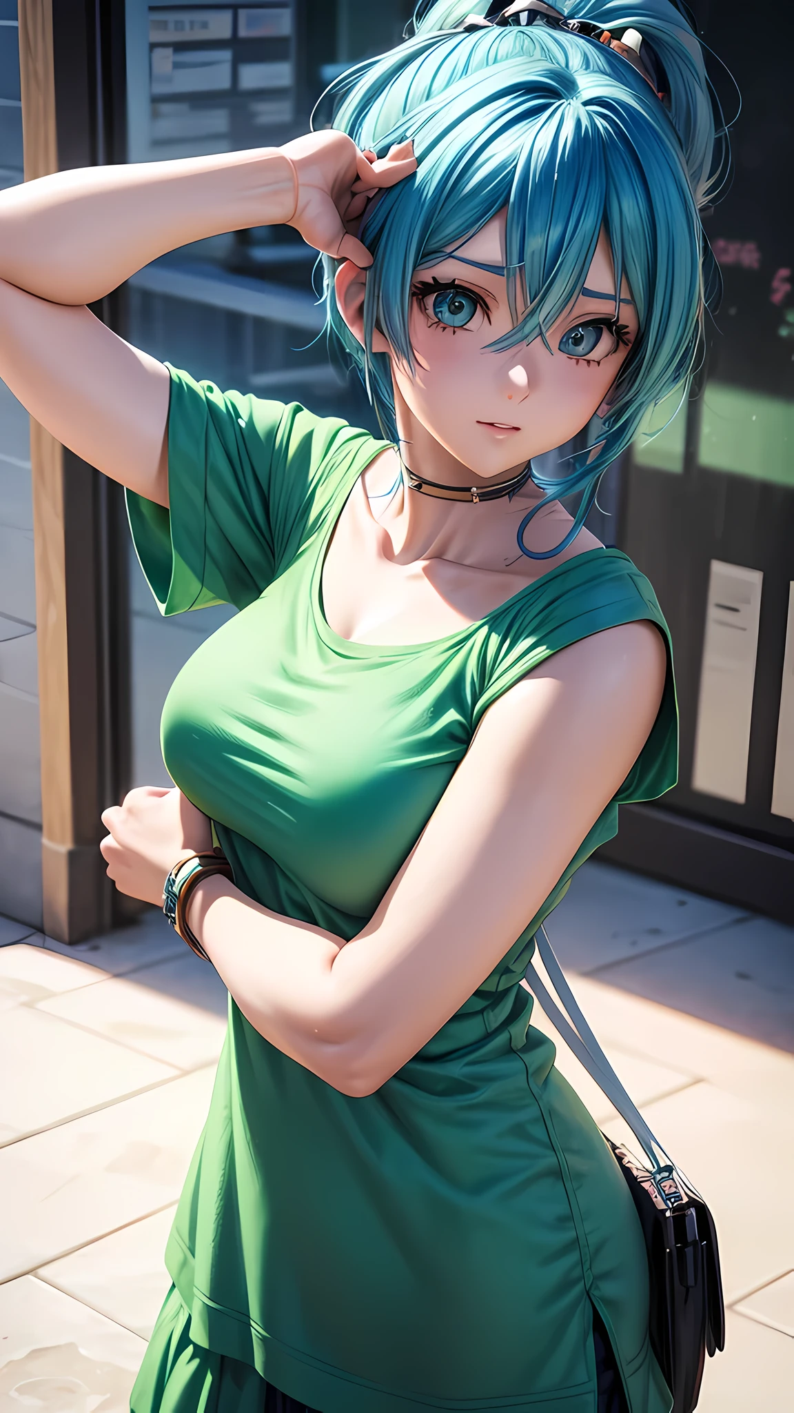 a close up of a person with a blue hair and a green top, anime styled 3d, realistic anime 3 d style, anime cgi style, anime style. 8k, render of a cute 3d anime girl, photorealistic anime girl render, 3 d anime realistic, anime cgi, 3d anime girl, anime highly detailed, realistic young anime girl