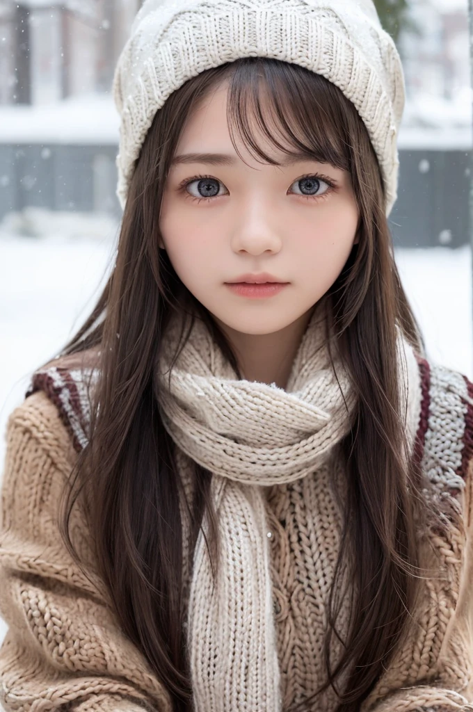 one girl, (a beauty girl, delicate girl:1.3), (13 years old:1.3),
break, (scarf, Knitted hat:1.3),
break, Very fine grain definition, (Symmetrical eyes:1.3),
break, (Snow Scene:1.3),
break, Small breasts, Brown eyes, Parted bangs, Brown Hair,  girl,
break, (Eyes and facial details:1.0),
break, (masterpiece, highest quality, Super detailed, Detailed face, 8k)