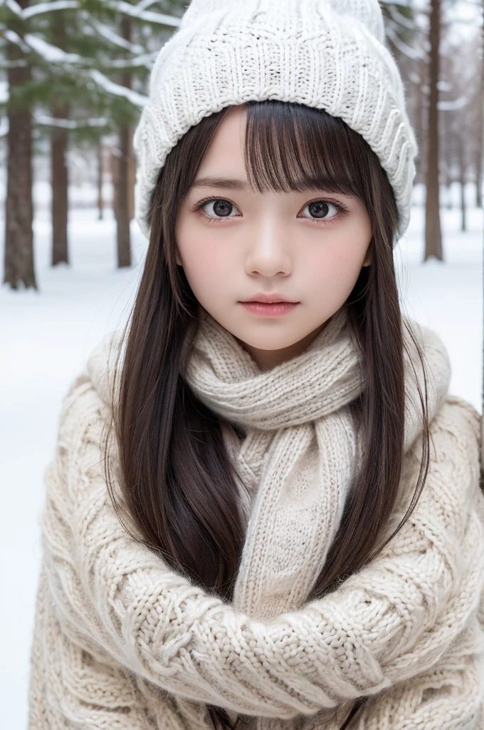 one girl, (a beauty girl, delicate girl:1.3), (13 years old:1.3),
break, (scarf, Knitted hat:1.3),
break, Very fine grain definition, (Symmetrical eyes:1.3),
break, (Snow Scene:1.3),
break, Small breasts, Brown eyes, Parted bangs, Brown Hair, girl,
break, (Eyes and facial details:1.0),
break, (masterpiece, highest quality, Super detailed, Detailed face, 8k)