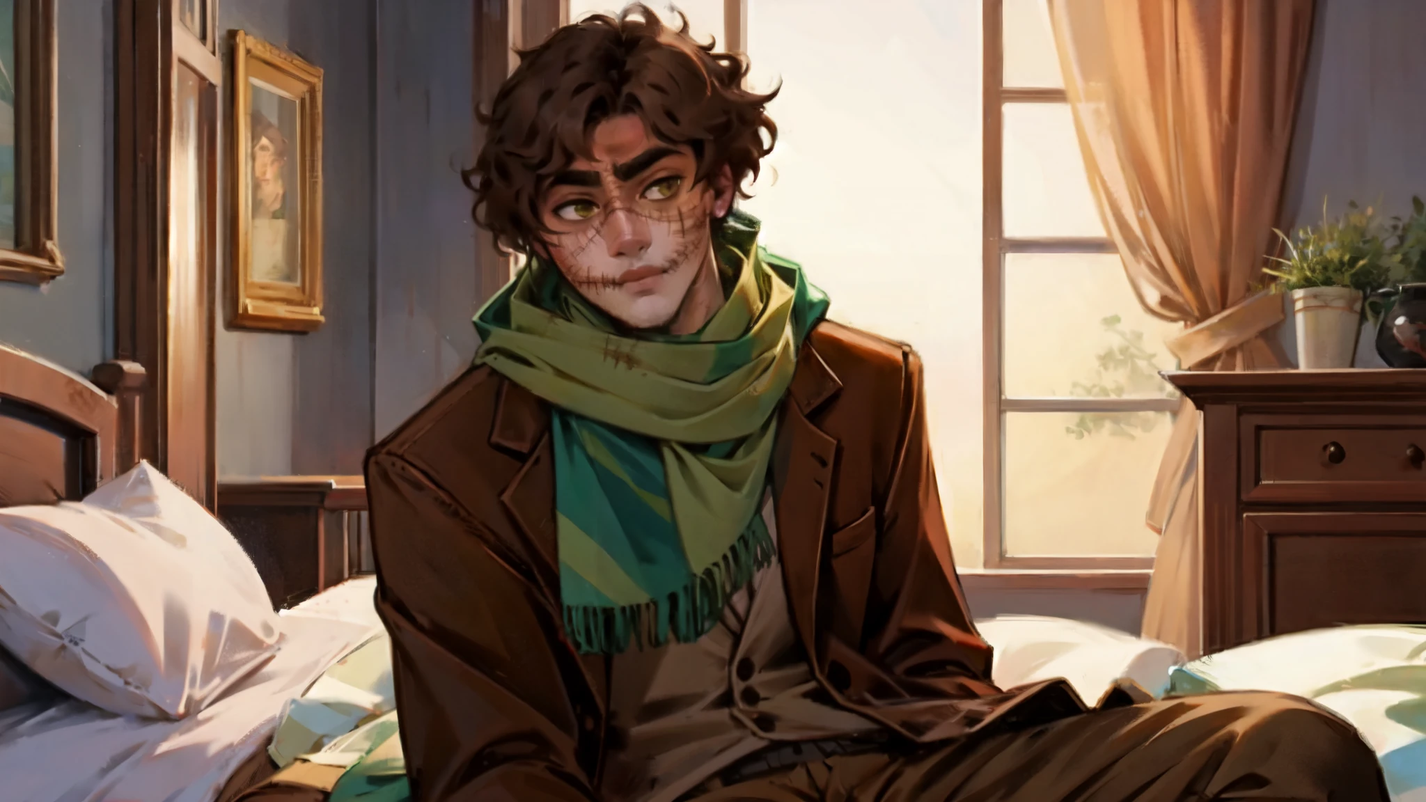 short brown hair, man with scarred face, stitches, striped scarf, brown pants, sitting in bed
