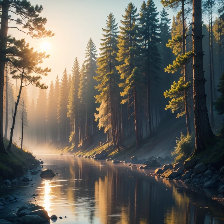 Portrait, river, misty forest, clear sky sun rising