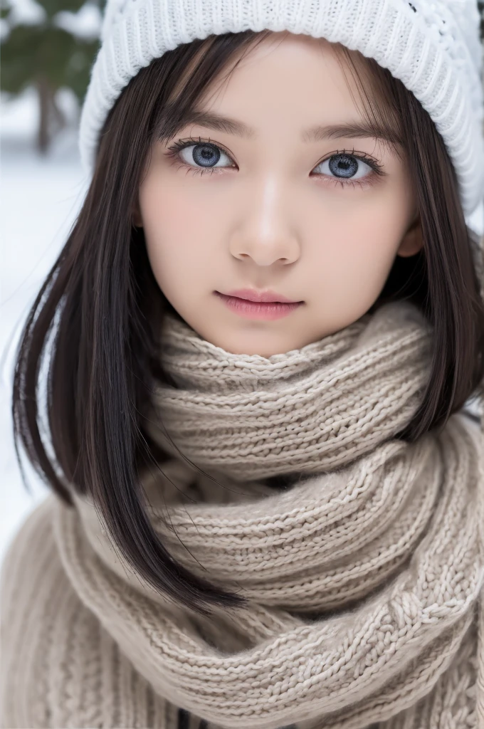 one girl, (a beauty girl, delicate girl:1.3), (13 years old:1.3),
break, (scarf, Knitted hat:1.3),
break, Very fine grain definition, (Symmetrical eyes:1.3),
break, (Snow Scene:1.3),
break, Small breasts, Brown eyes, Parted bangs, Brown Hair, girl,
break, (Eyes and facial details:1.0),
break, (masterpiece, highest quality, Super detailed, Detailed face, 8k)