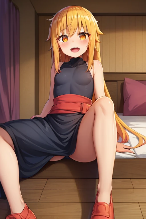 ((highest quality)), ((masterpiece)), (be familiar with), Perfect Face, indoor, Bedroom, Watching the audience,
One woman, Thor,
Open Mouth, Ecstatic expression, blush, smile,
Small breasts, Flat Chest, Young Girl, , , Girl,
Long Hair, Golden Hair, Orange eyes, Long Hair,
Leg spread,