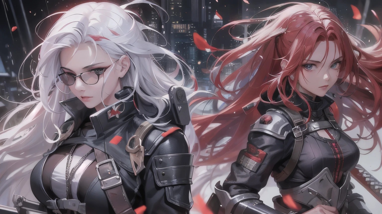 (Super detailed)highest quality(beautiful:1.1),(High resolution:1.2),Incredibly detailed illustrations, 1girl (nsfw)(((red hair hair, white hair streaked hair),Long Hair,Prosthetic arm,Prosthetic limbs,prosthetic eye),(floating hair))Black bulletproof coat,breastplate,Hand guard,High Speed Vibrating Sword)(Wet clothes)((Full Body))Late Night,Swordsmen fighting in a rainy city(cyber punk)