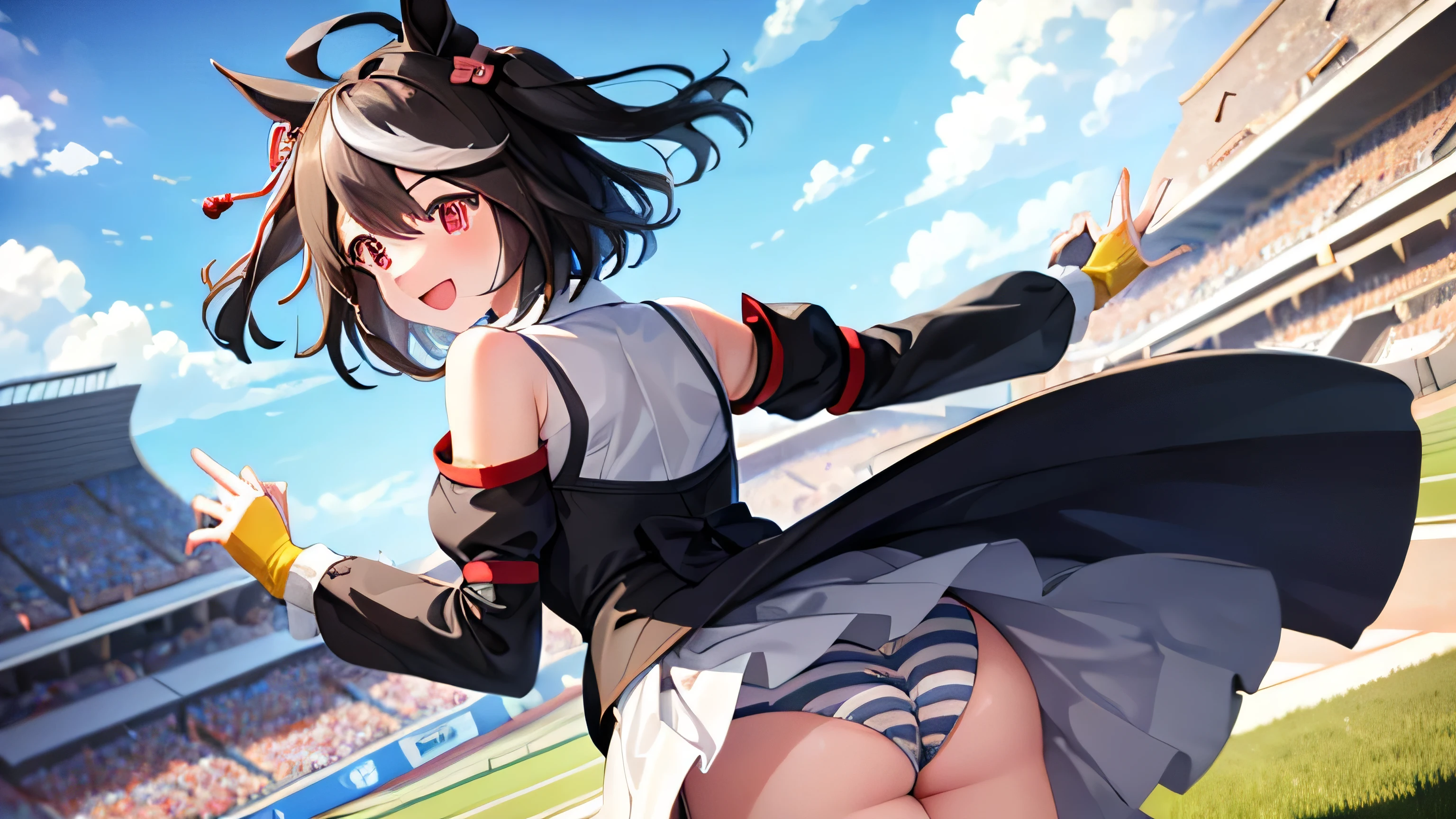 ((masterpiece,highest quality)), Confused, Kitasan_black_umamusume, Animal ears, short hair, Striped Hair, hair ornaments, Medium chest, Horse tail, Wearing a tight maid outfit, alone, Laughing with your mouth open, Cowboy Shot,White mini skirt, (panties),Butt, Racecourse, Sprinting around the track, Speed, An angle that captures the whole body
