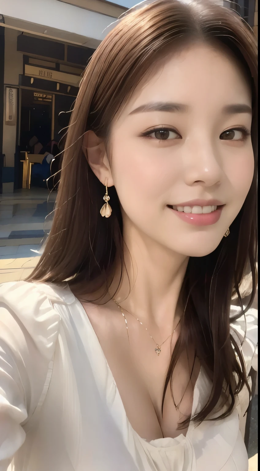 ((highest quality, 8k, masterpiece :1.3)), One Girl, Selfie, close, Very attractive smile:1.3, Slim face, Beautiful woman, (Dark brown hair), Big Breasts:1.3,White ruffled blouse, Highly detailed face, fine grain, double eyelid,  Blur the background, Slim face, city, outside, street, sunny, station, nature
