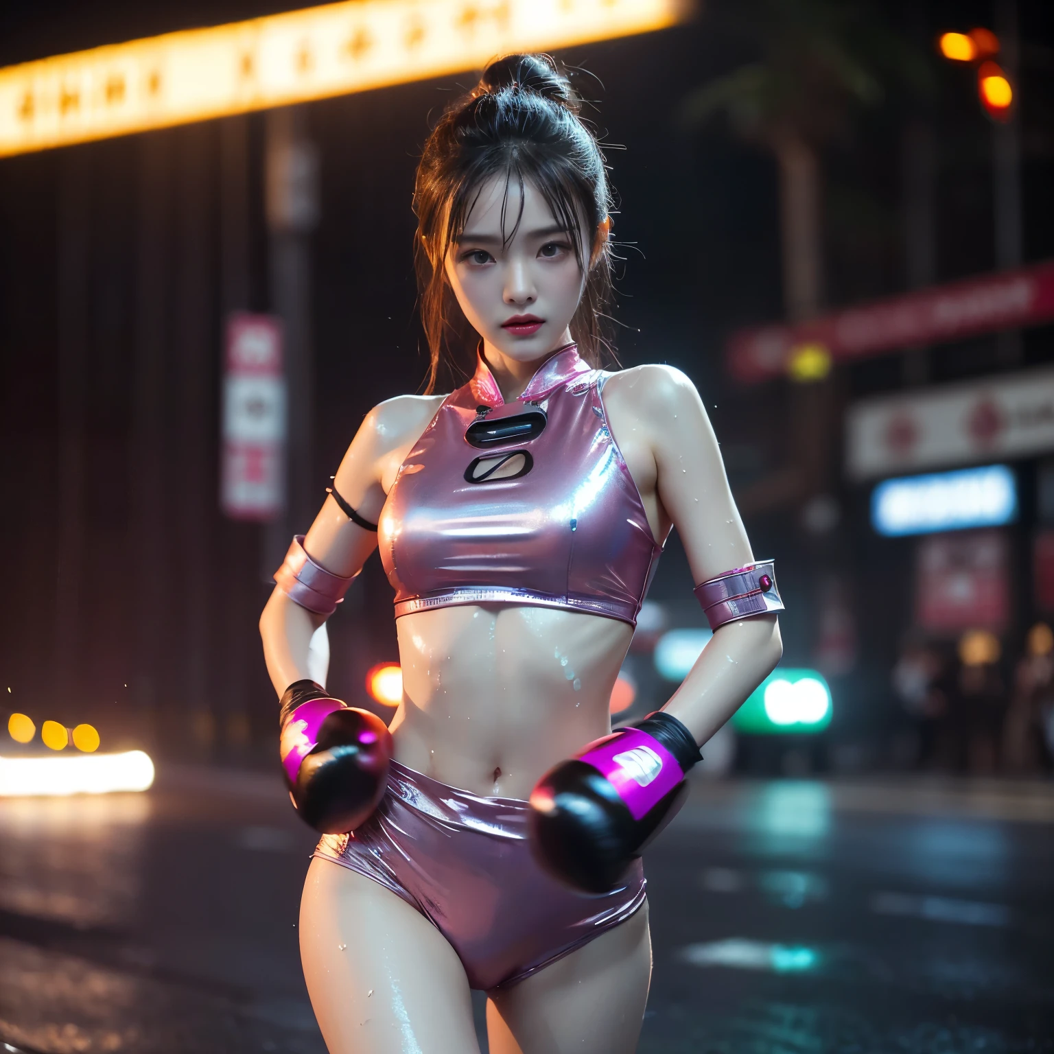(highest quality、8k、High resolution、masterpiece:1.ung and beautiful woman、Big Breasts、(Shadowboxing:1.5)、Quick Movement、(Motion Blur Effect:1.5)、(Wet body)、Busy street at night、neon、(Looking at the camera:1.0)、Futuristic clothing in pink metallic color、Mecha