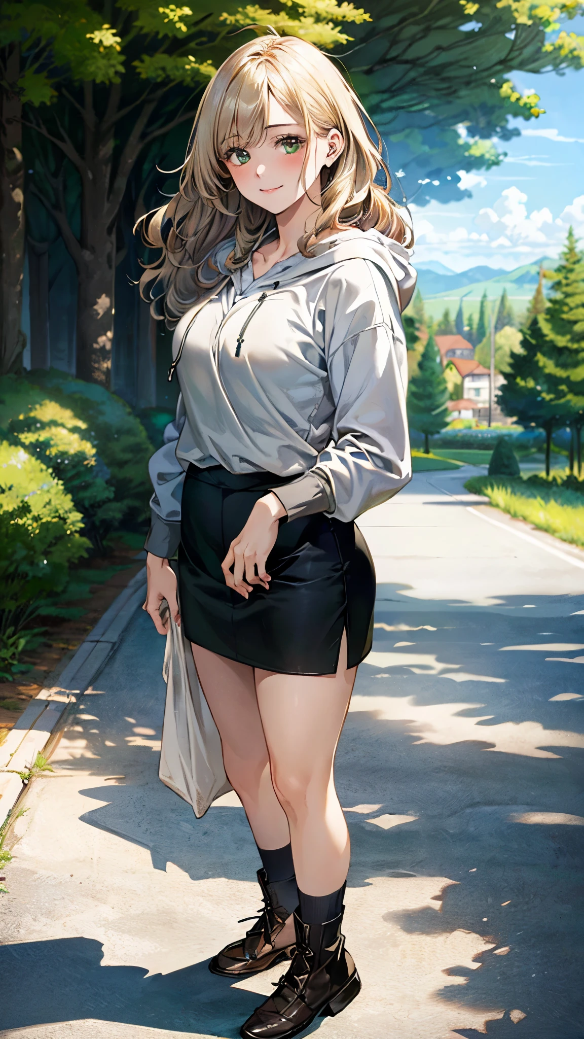 (masterpiece:1.2, top-quality), (realistic, photorealistic:1.4), beautiful illustration, (natural side lighting, movie lighting), ,
beautiful hair, beautiful face, beautiful detailed eyes, beautiful clavicle, beautiful body, beautiful chest, beautiful thigh, beautiful legs, beautiful hands,
looking at viewer, full body, front view, 1 girl, ars old, japanese, perfect face, perfect anatomy:1.3, cute and symmetrical face, shiny skin,
(middle hair:1.8, wavy hair, (blond hair)), asymmetrical bangs, dark green eyes, long eye lasher, (large breasts:1.6, thin waist, thick thighs),
((gray zip up hoodie hood:1.8, black denim skirt)), white panties:1.6,
(beautiful scenery), morning, (village, trees), standing, (seductive smile),