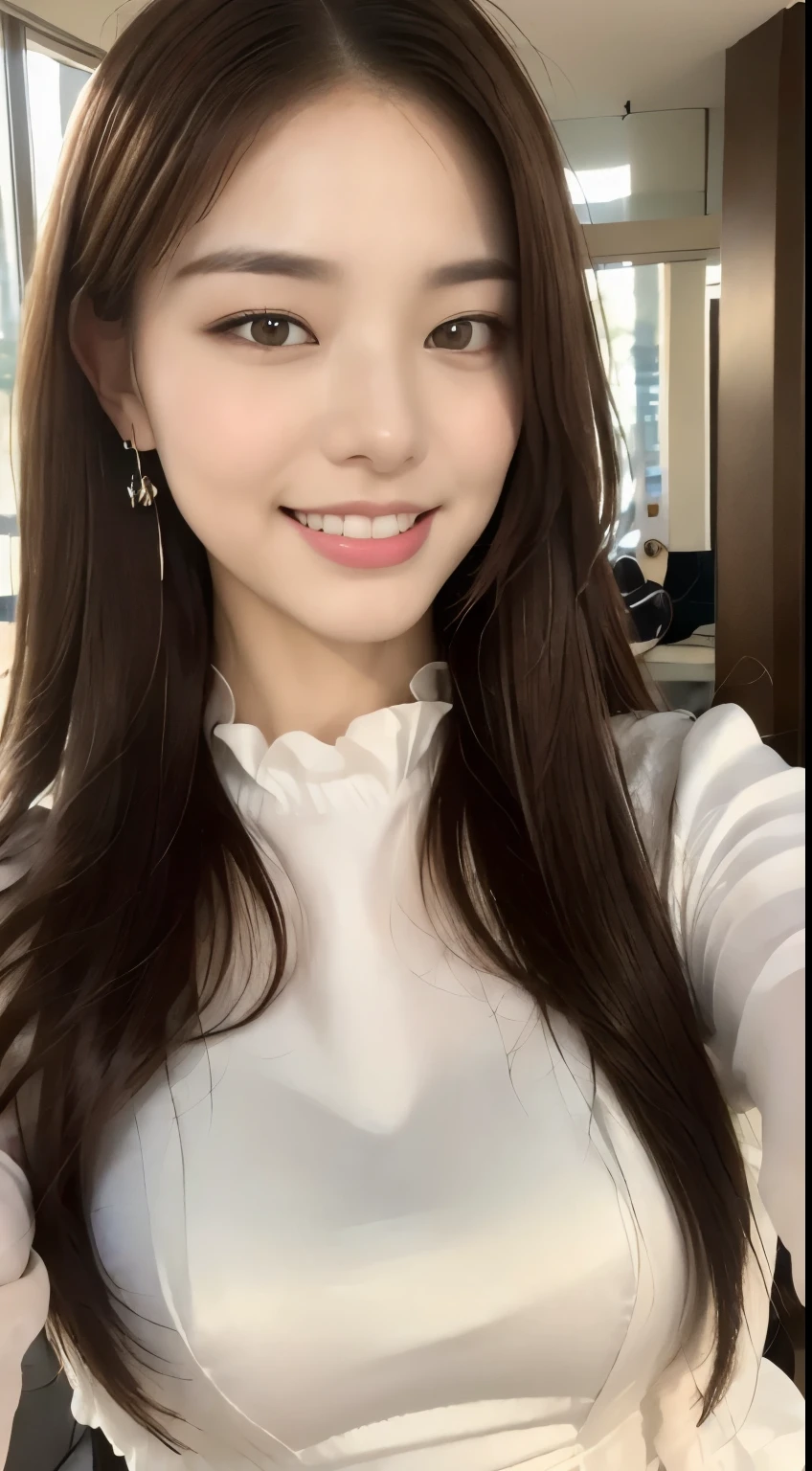 ((highest quality, 8k, masterpiece :1.3)), One Girl, Selfie, close, Very attractive smile:1.3, Slim face, Beautiful woman, (Dark brown hair), Big Breasts:1.3,White ruffled blouse, Highly detailed face, fine grain, double eyelid,  Blur the background, Slim face, city, outside, street, sunny, station, nature