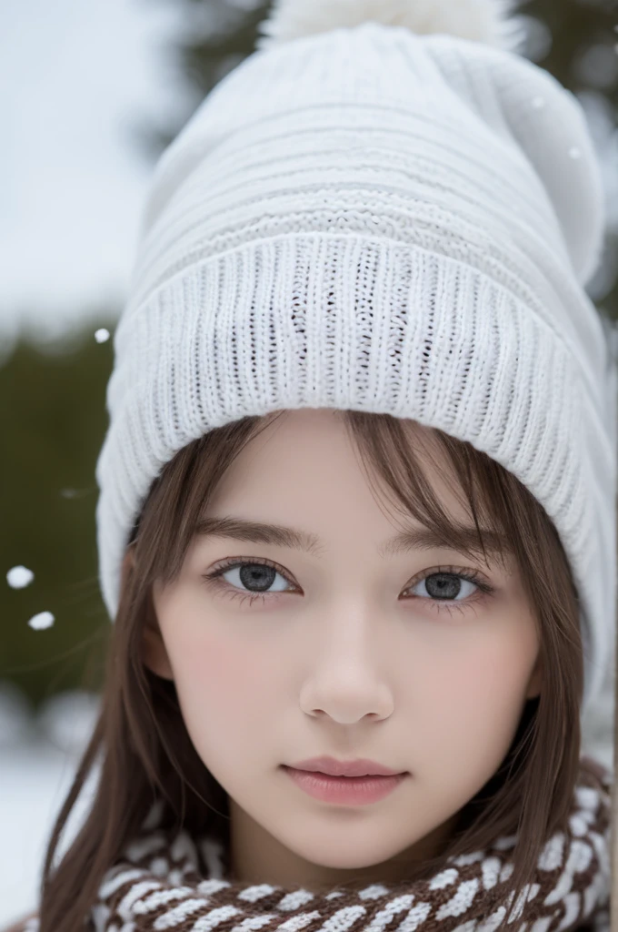 one girl, (a beauty girl, delicate girl:1.3), (:1.3),
break, (scarf, Knitted hat:1.3),
break, Very fine grain definition, (Symmetrical eyes:1.3),
break, (Snow Scene:1.3),
break, Small breasts, Brown eyes, Parted bangs, Brown Hair, girl,
break, (Eyes and facial details:1.0),
break, (masterpiece, highest quality, Super detailed, Detailed face, 8k)