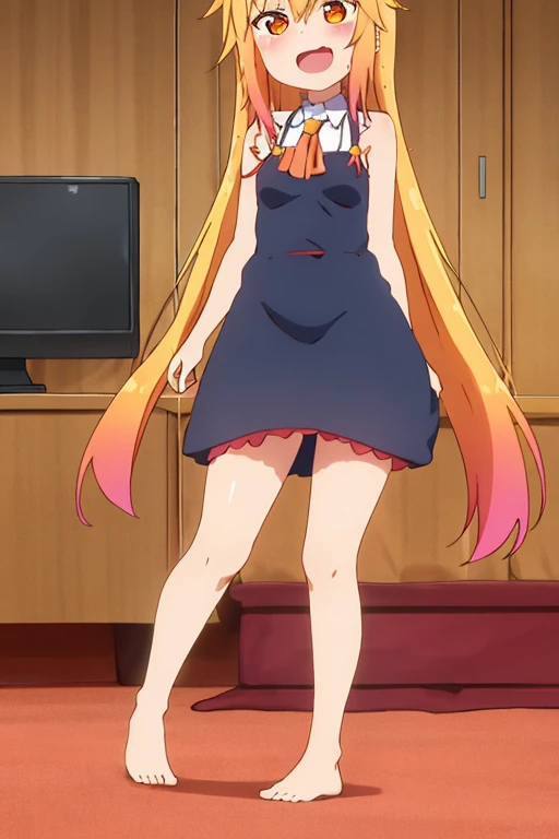 Tohru, pale skin, blonde hair, dragon horns, yellow eyes, medium breasts, detailed body, detailed face, detailed eyes, glistering body, shiny body, gorgeous body, masterpiece, high quality, ((nude, pussy)), room, bedroom, smilling, sexy,
