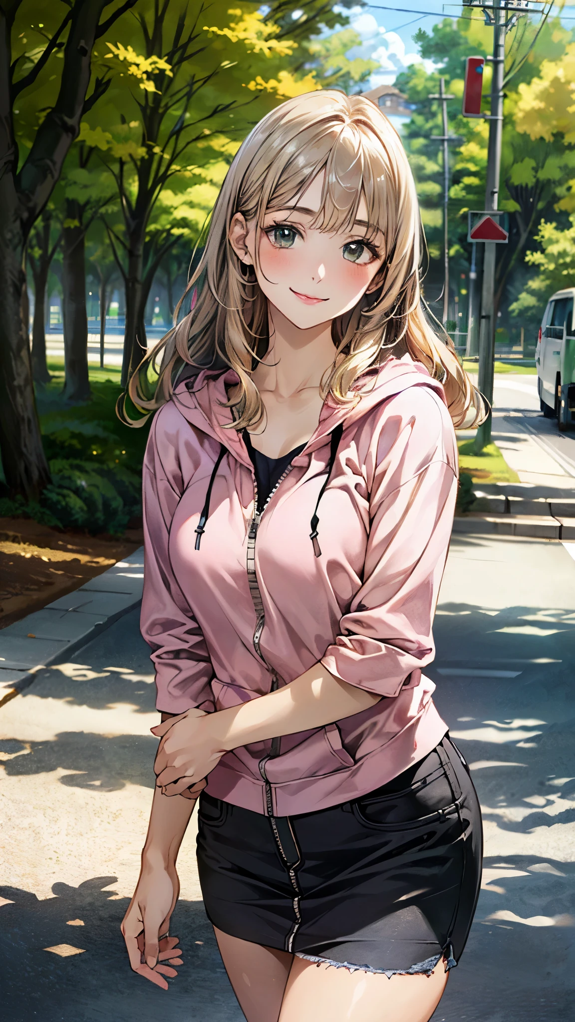 (masterpiece:1.2, top-quality), (realistic, photorealistic:1.4), beautiful illustration, (natural side lighting, movie lighting), ,
beautiful hair, beautiful face, beautiful detailed eyes, beautiful clavicle, beautiful body, beautiful chest, beautiful thigh, beautiful legs, beautiful hands,
looking at viewer, full body, front view, 1 girl, 16years old, japanese, perfect face, perfect anatomy:1.3, cute and symmetrical face, shiny skin,
(middle hair:1.8, wavy hair, (blond hair)), asymmetrical bangs, dark green eyes, long eye lasher, (large breasts:1.6, thin waist, thick thighs),
((gray zip up hoodie hood:1.8, salmon pink shirt, black denim skirt)), white panties:1.6,
(beautiful scenery), morning, (village, trees), standing, (seductive smile),