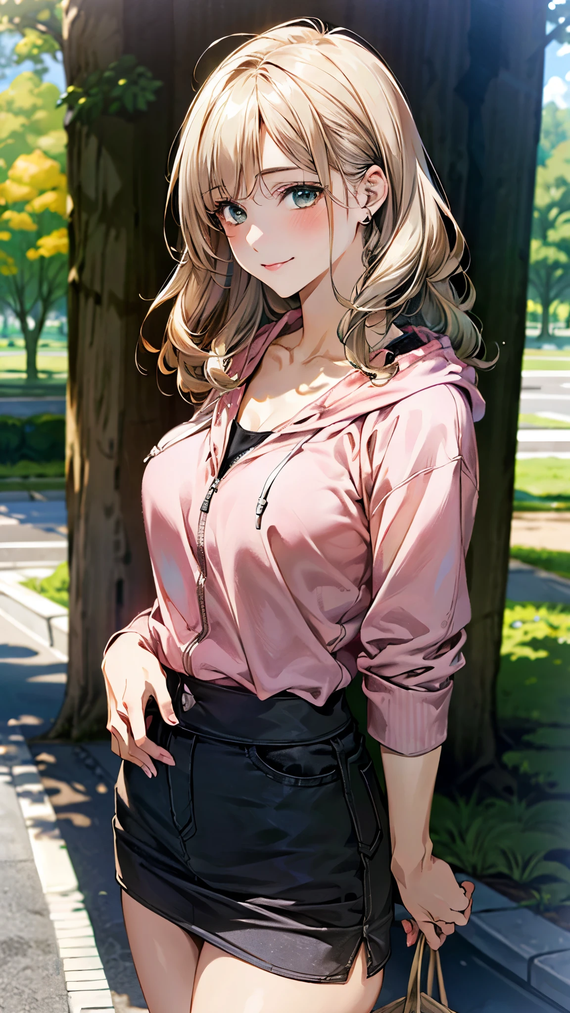 (masterpiece:1.2, top-quality), (realistic, photorealistic:1.4), beautiful illustration, (natural side lighting, movie lighting), , 
beautiful hair, beautiful face, beautiful detailed eyes, beautiful clavicle, beautiful body, beautiful chest, beautiful thigh, beautiful legs, beautiful hands, 
looking at viewer, full body, front view, 1 girl, ars old, japanese, perfect face, perfect anatomy:1.3, cute and symmetrical face, shiny skin, 
(middle hair:1.8, wavy hair, (blond hair)), asymmetrical bangs, dark green eyes, long eye lasher, (large breasts:1.6, thin waist, thick thighs), 
((gray zip up hoodie hood:1.8, salmon pink shirt, black denim skirt)), white panties:1.6, 
(beautiful scenery), morning, (village, trees), standing, (seductive smile), 