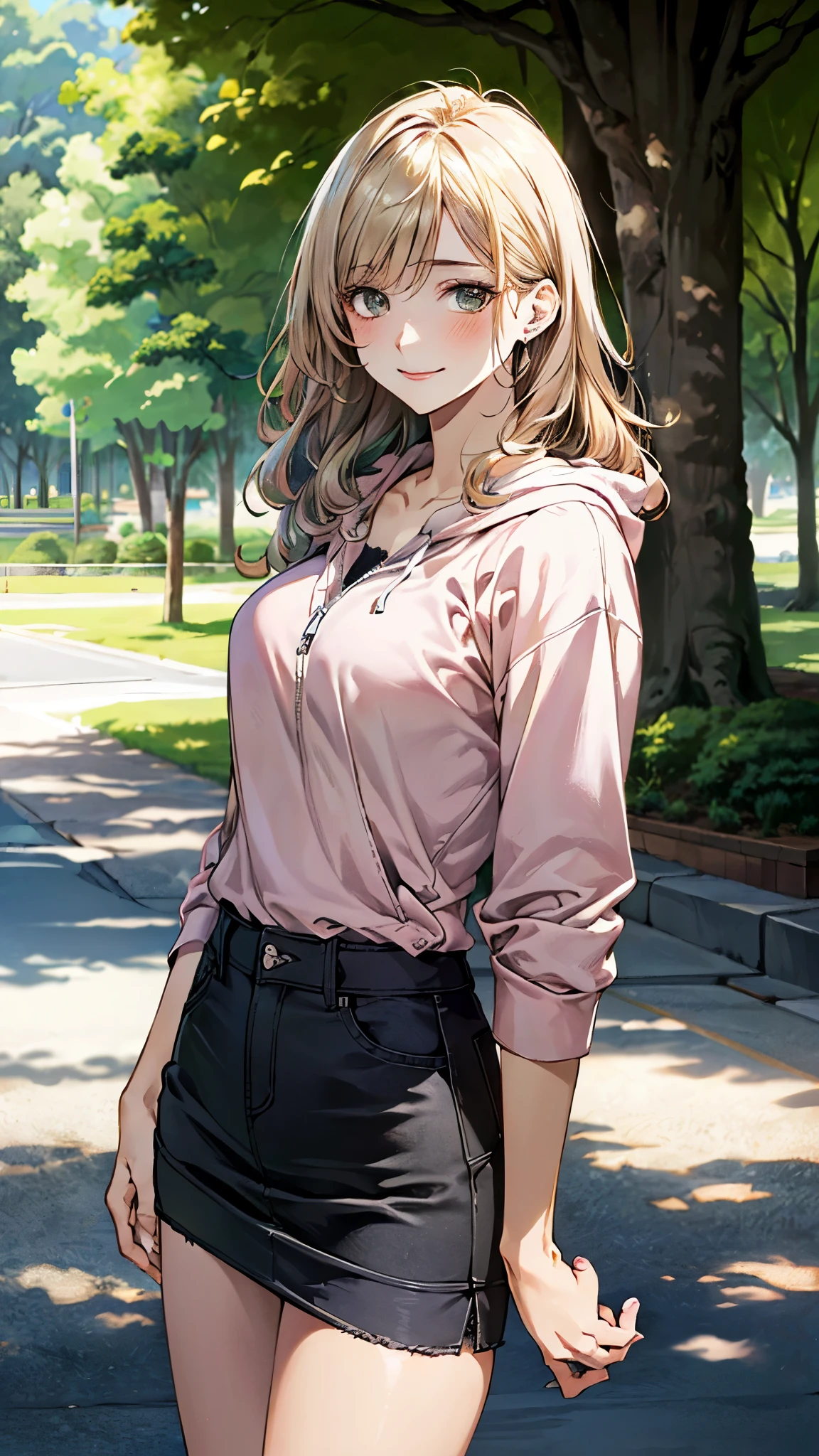 (masterpiece:1.2, top-quality), (realistic, photorealistic:1.4), beautiful illustration, (natural side lighting, movie lighting), ,
beautiful hair, beautiful face, beautiful detailed eyes, beautiful clavicle, beautiful body, beautiful chest, beautiful thigh, beautiful legs, beautiful hands,
looking at viewer, full body, front view, 1 girl, ars old, japanese, perfect face, perfect anatomy:1.3, cute and symmetrical face, shiny skin,
(middle hair:1.8, wavy hair, (blond hair)), asymmetrical bangs, dark green eyes, long eye lasher, (large breasts:1.6, thin waist, thick thighs),
((gray zip up hoodie hood:1.8, salmon pink shirt, black denim skirt)), white panties:1.6,
(beautiful scenery), morning, (village, trees), standing, (seductive smile),