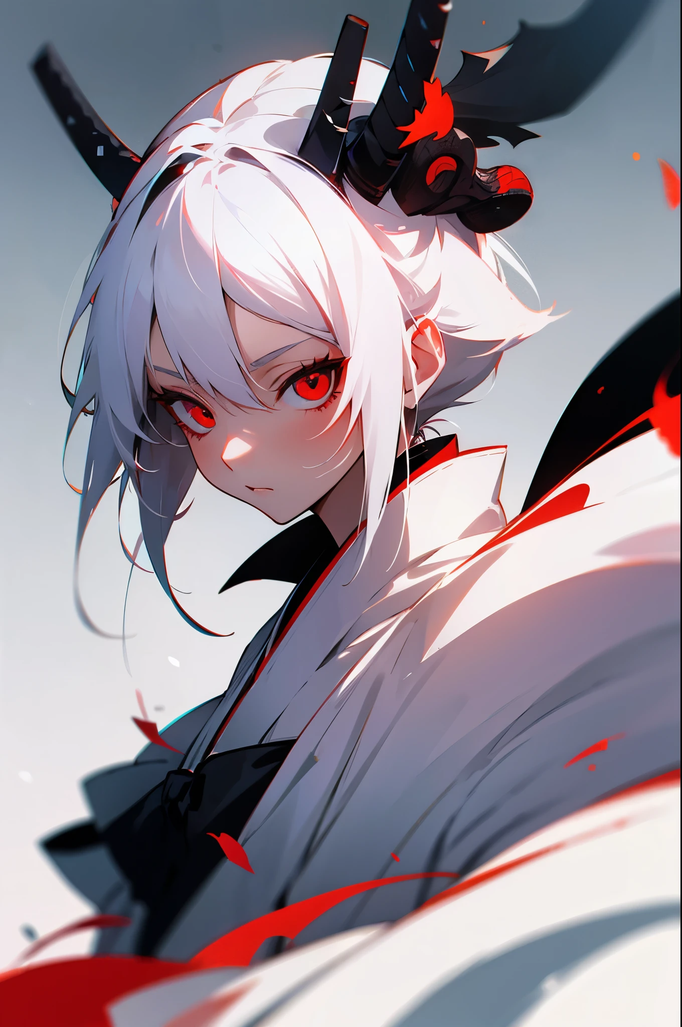 white clothes, samurai, female, red eyes, white hair,