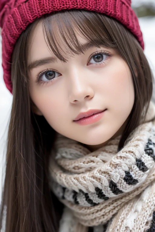 one girl, (a beauty girl, delicate girl:1.3), (:1.3),
break, (scarf, Knitted hat:1.3),
break, Very fine grain definition, (Symmetrical eyes:1.3),
break, (Snow Scene:1.3),
break, Small breasts, Brown eyes, Parted bangs, Brown Hair,  girl,
break, (Eyes and facial details:1.0),
break, (masterpiece, highest quality, Super detailed, Detailed face, 8k)