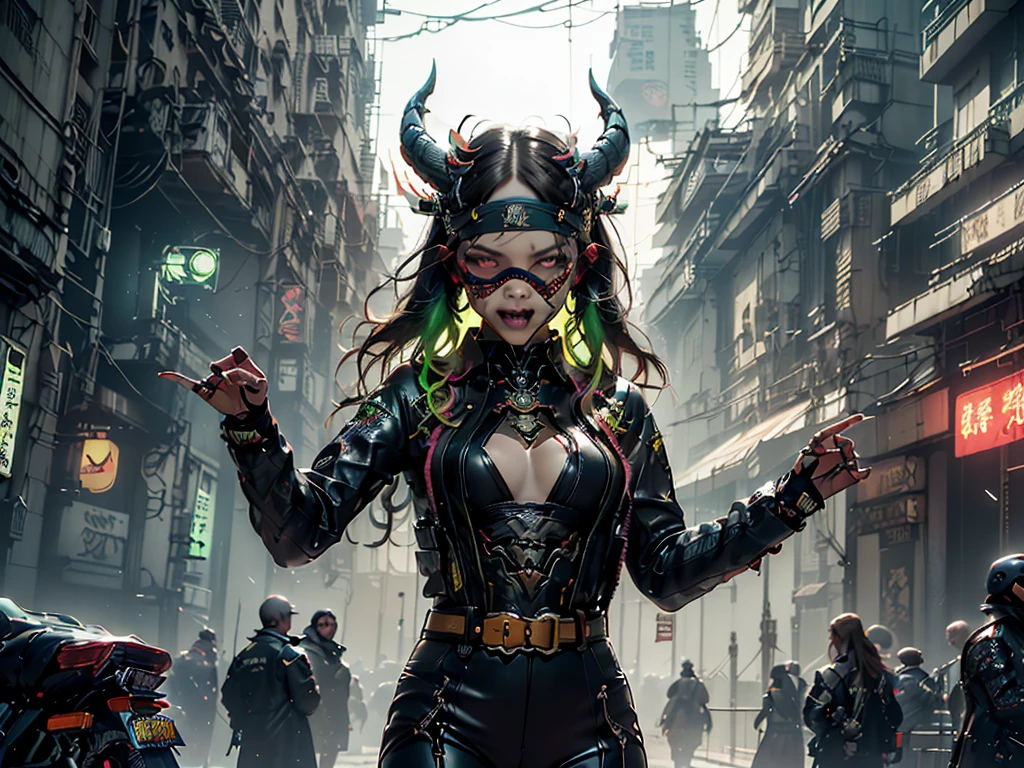 ((MaxZen)). ((His work has received many awards)). ((((1 one young girl)), ((there is a girl in a suit posing with a demon, cgsociety and fenghua Zhong)), ((by Yang J, rossdraws 1. 0)), 🌺(( cgsociety, :: rossdraws, wlop and ross tran, wlop rossdraws, author Feng Zhu, digital painting rossdraws, sakimimichan rossdraws, ross tran and wlop)). ((With incredible details, Texture and maximum detail),(realistic)). ((Мотоцикл Harley Davidson))),(((the right motorcycle:1.7))),(((The right ratio of people and vehicles:1.6))),(bold colors and patterns, attractive accessories, Stylish and innovative hairstyles,basic moments:1.6)),(( girl,girl,Rebellious girl)),((Slim sexy girl)),(Cute little breasts), (Full body image:1.2), (Best quality genuine leather texture.), ((Five Perfect and Beautiful Fingers)), (Anatomically correct limbs and physique:1.5), (Anatomically correct perspective and occlusion..:1.5),(Female characteristics are very obvious.:1.5),(Beautiful, round and symmetrical eyes), (Correct faces0), ((detailed face:1.6)), ((add some blindfolded scenes cyberpunk cityscape, skyscraper, neon lights, led)),((complex parts:1.1), complex background)), ((Vibrant and vibrant color scheme)),((dynamic perspective dynamic combination)),((cyberpunk style,Dressed in Harajuku Clothing(Vic Ray)).