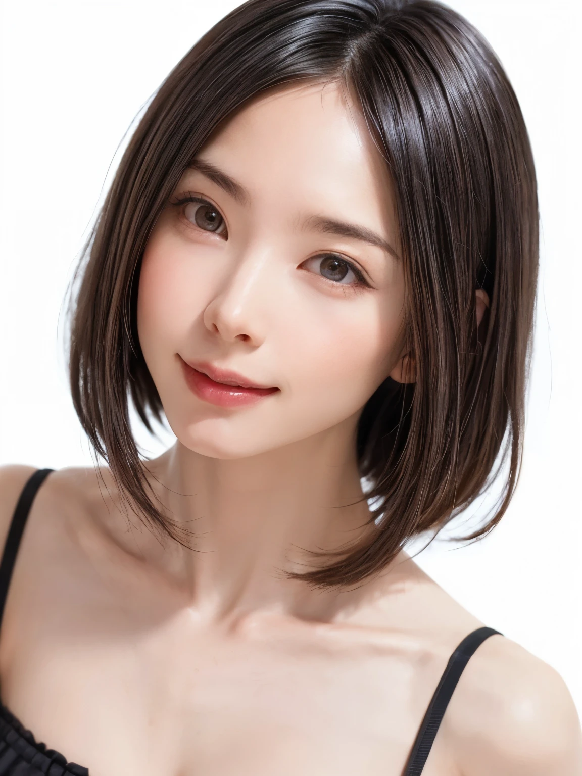1 girl, alone, Shiny skin, chest, very detaileded, ultra detaileded, Ultra-high resolution, whole body, (Photorealism:1.4), (highest quality), (Best Shadow), Ulzzang-6500, detailed, Perfect lighting, Black Hair, ((Showpiece, highest quality, High precision)), One Girl, (big chest, Realistic: 1.4), (look up at the camera even a little, カメラをlook up, look up, look up at the camera, Looking into the camera))), alone, , White Background, snow-White Background, shut up., smile, pretty Black Hair, short hair:1.6, Big eyes, Transparent double eyelids, eyelash, listen, Long neck, Long neck, Absolute area, ((Face close-up, short hair with bangs)), 19 years old, Attractive proportions, Shiny skin, Beautiful clavicle, Golden ratio face, Perfect Face, Teardrop-shaped mole, chestのほくろ, bangs, clean bangs, beautiful bangs, Lip gloss, Thin lips, White skin, I took off my clothes, big chest, Small face, Small face, 少し上を向いてLooking into the camera, ((smile a little for the camera, really nothing pure White Background, Listen carefully、very big big chest, big chest、Dynamic Angle))