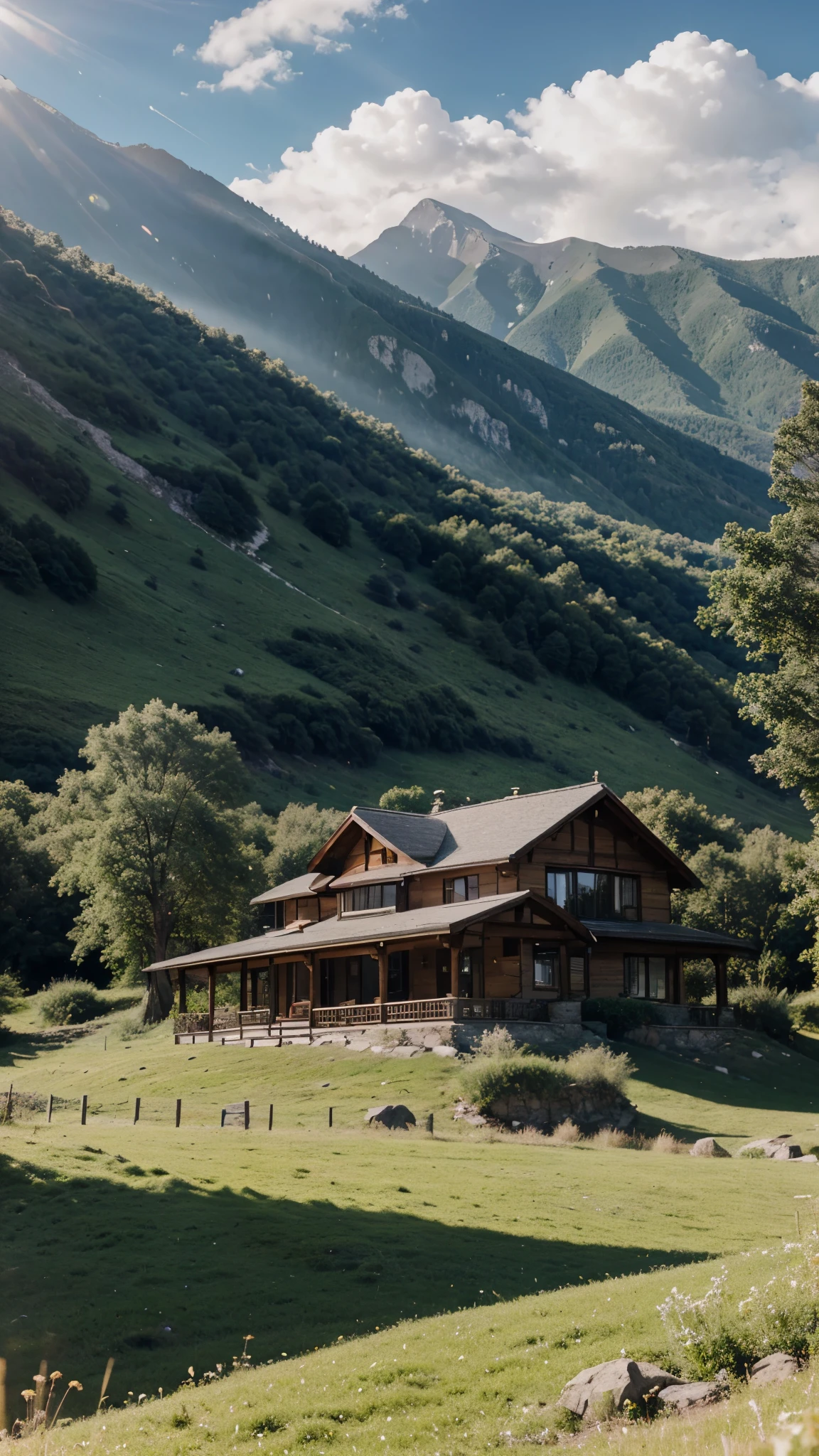 Beautiful house in the mountains, tree's and grass, sun rays, detailed clouds