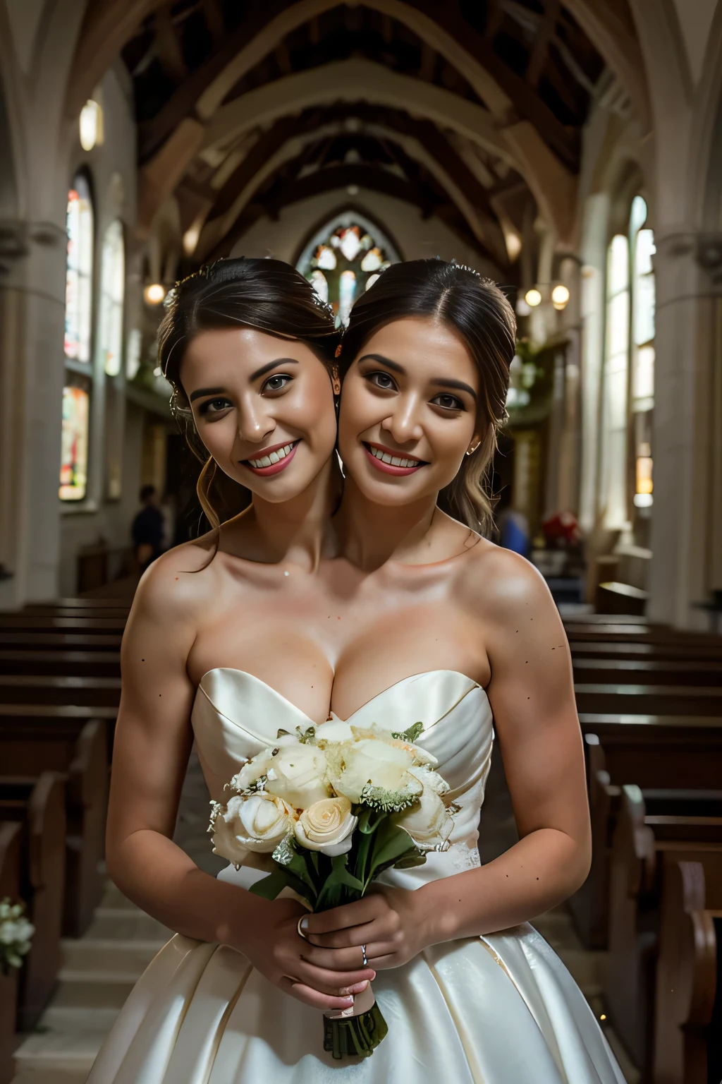 Dslr photo, photograph, candid, (8k, 4k, masterpiece), beautiful pretty sweet woman, bride, bright smile, holding bouquet, wedding dress, standing in church, standing, solo, 1girl, (2heads:1.2), (two heads and two necks on the same shoulders), (two necks), space between necks, (woman with two heads), wide shoulders,
