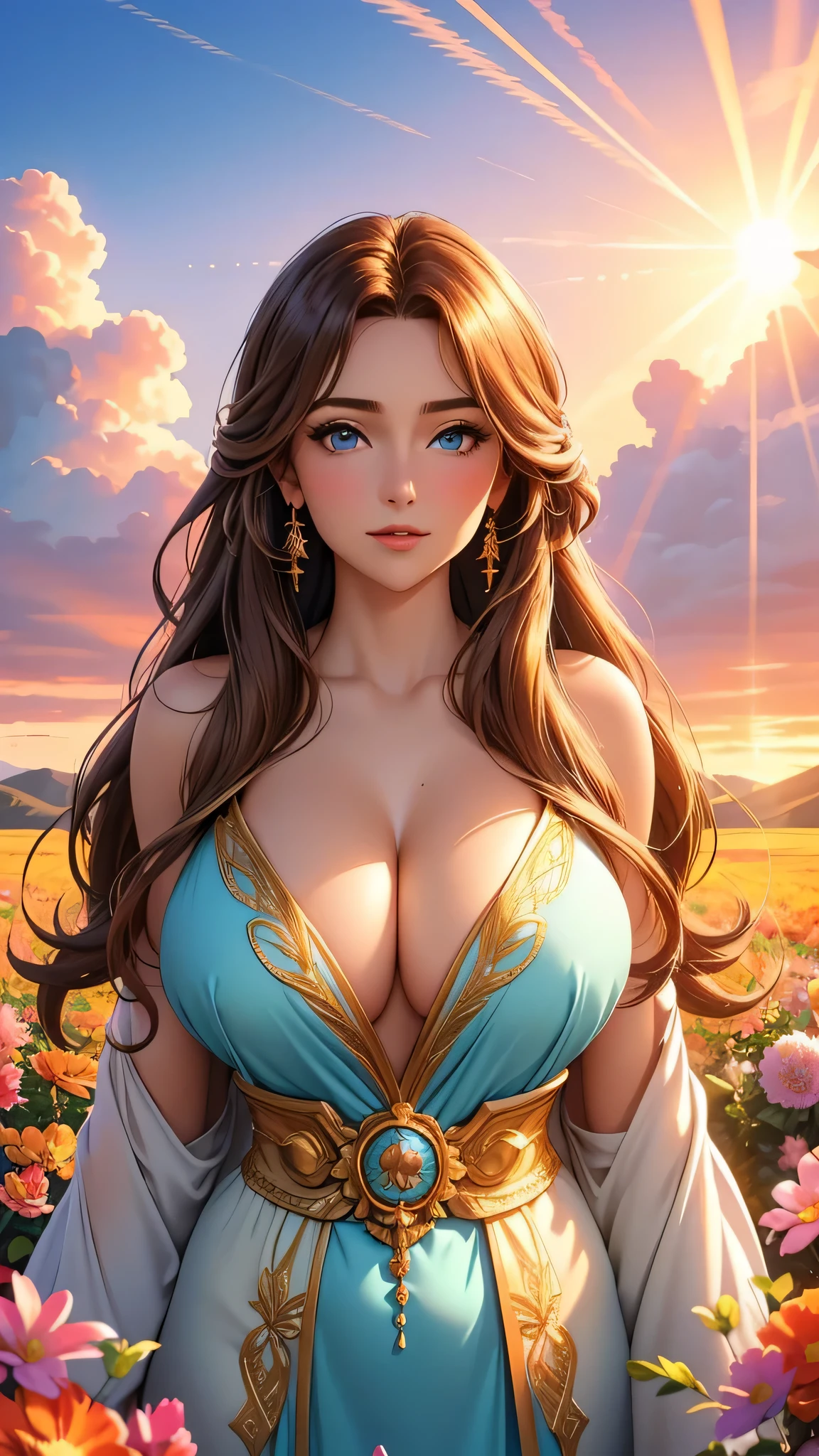 Best quality, 30 year old woman, massive breasts, brown long  hair, blue eyes, skimpy robes, sunset, upper body, sexy, angelic, golden glow, opulent, luxurious, god rays, fluffy clouds, colourful flower field,