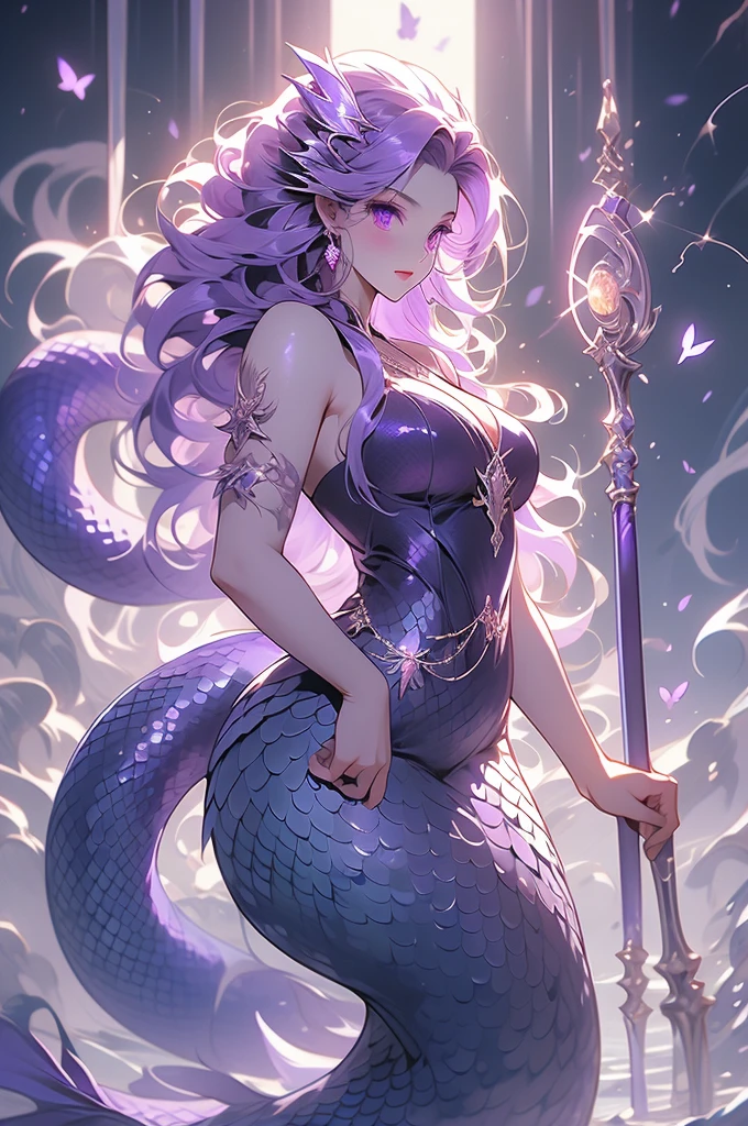 lamia, snake woman, long curling tail, mermaid, snake tail, no legs, extremely long purple hair, flowing hair, robe, magic staff, glowing white eyes, lightning, casting spell, purple scales, red eyes, long tail, beautiful, voluptuous, beautiful, electric charges, lightning, tempest, purple scales scales, emotionless