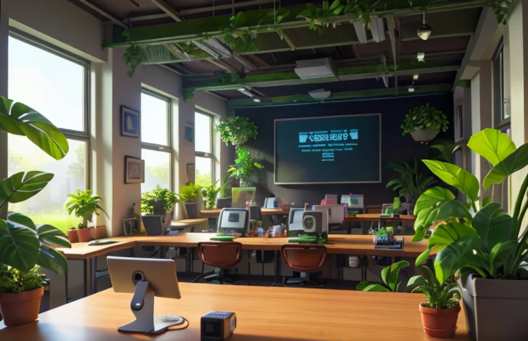 web developers immersed in an eco friendly workspace, multiple computer monitors with lines of code on screens, verdant plants scattered around the workspace, workers typing with focus, sunlight filtering through large windows, incorporate shades of green and technology, sunlight casting gentle shadows, ambience of creativity and innovation, digital render, highly detailed, natural light, cinematic