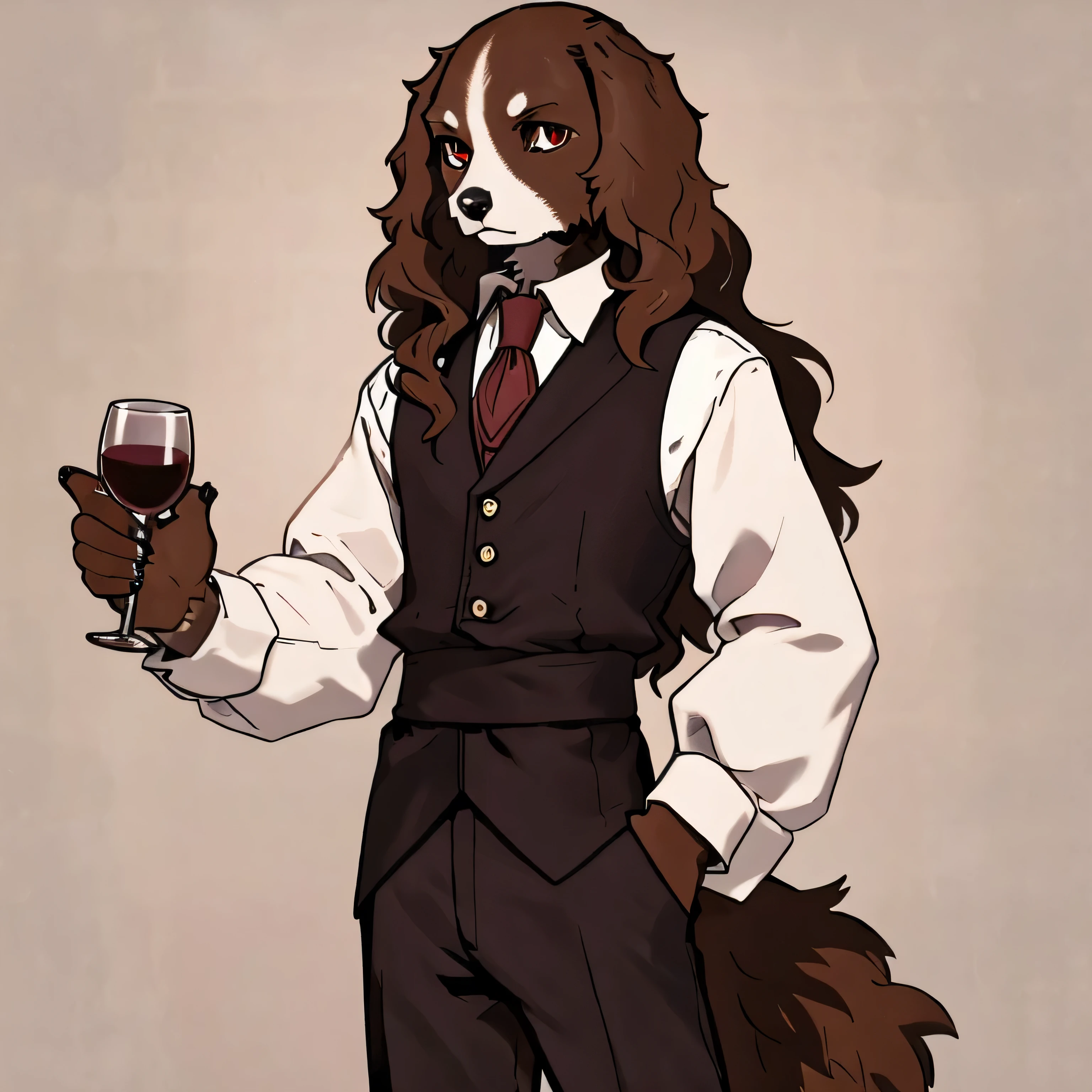 An anthropomorphic male Cocker Spaniel, with red eyes, white and brown fur, and a slim body. He has long hair. He wears a black Victorian-style vest suit with a white button-down blouse underneath and a wine-colored tie with long sleeves and a wine-colored sash tied around his waist, burgundy long pants