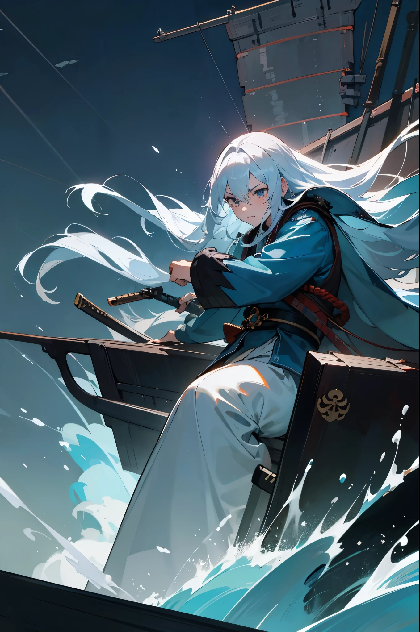 master piece《Three Kingdoms Killing》, Sea, Two-dimensional blue man with white hair, Long hair, Vicious, cunning, sword, Lightning, landslide, crack, Realism Night Battleship Destroyed Battleship Fire Iron Lock