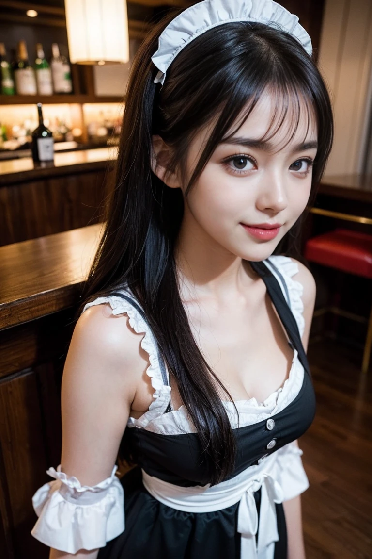 Top-quality Realistic,Official art,Highly detailed CG Unity 8k wallpaper,ultra-detailliert,hight resolution,Physically-based rendering,Magnificat,finely detail,masterpiece,Best Quality,ultra detailed,Mature beauty,Beautiful girl,1girl,moist lips,sexy lips,Sexy smile,Gentle smile, 20 years old, Beautiful bare skin,Smooth bare skin, big well-shaped breasts,beautiful and erotic cleavage,Mature body,swept bangs,(Medium hair:1.3), beautiful detailed eyes,model shoot style,Japanese Idol,beautiful girl,Half-body,(in luxury bar lounge),BREAK,NSFW,((German Maid:1.3)),(Maid costume),standing model pose,(Extreme close-up to face),Delicately expressed eyes,cute smile,(serving),shoot from front
