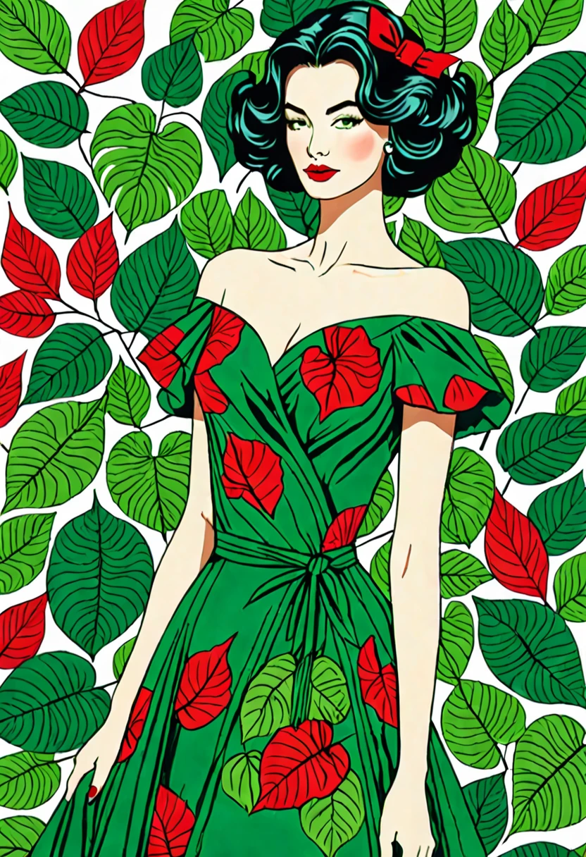 Une illustration magnifiquement dessinée d’une femme aux cheveux rouges, porter une robe verte, and surrounded by green leaves. The woman has a prominent neckline, and her hair is styled&#39;a way that completes your outfit. L&#39;image capture l&#39;élégance et le charme de la femme, which makes it a work of&#39;art attrayante.