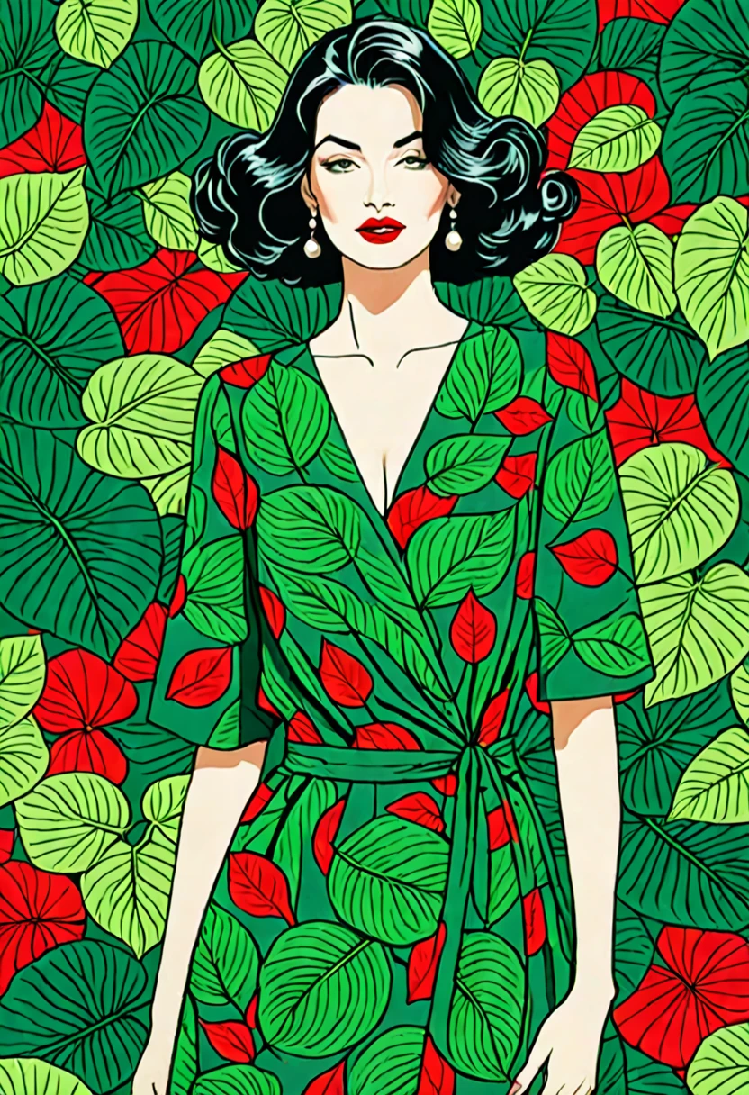 Une illustration magnifiquement dessinée d’une femme aux cheveux rouges, porter une robe verte, and surrounded by green leaves. The woman has a prominent neckline, and her hair is styled&#39;a way that completes your outfit. L&#39;image capture l&#39;élégance et le charme de la femme, which makes it a work of&#39;art attrayante.