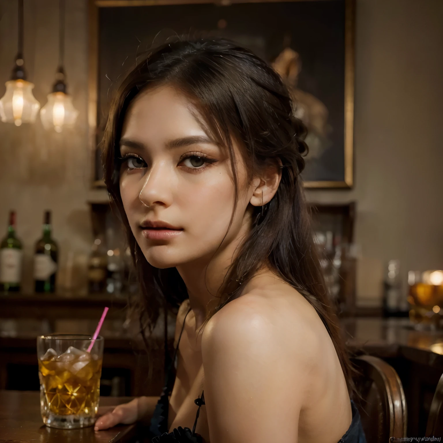 (best quality,4k,8k,highres,masterpiece:1.2),ultra-detailed,(realistic,photorealistic,photo-realistic:1.37),blonde, beautiful detailed eyes,beautiful detailed lips,extremely detailed eyes and face and hand,longeyelashes,ethereal beauty,graceful and elegant,flowing golden hair,extremely detailed hand,glowing flawless skin,colorful bar lights illuminating it,serene expression,gentle breeze,dark environment,natural beauty,harmonious color palette,soft pastel tones,romantic and enchanting,traditional painting style,impressionistic strokes,magical aura,divine light,feminine power,subtle details,proud and confident stance,vivid colors,serenity and tranquility,mesmerizing beauty,soothing and calming energy,she sits on the bar chair and drinks whiskey,bar atmosphere with music and alcohol