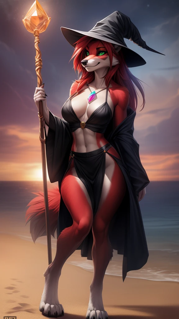 uploaded on e621, (by Wildering, by Koul, by fluff-kevlar, by aycee), solo, female wolf, wolf ears, neck tuft, hip tuft, leg tuft, wolf tail, ((black sclera, green eyes)), (wizard robe, wizard hat), ((full-body portrait)), (masterpiece), (best quality), (anthro furry:1.3, snout:1.2, anthro:1.3, furry:1.2, solo female:1.2), (thick figure, curvy figure), (wide hips), (extremely thick thighs), (medium breasts, perky breasts), (sexy pose, suggestive pose), (((black spirals on body, red fur))) BREAK (((digitigrade feet, wild long red hair))), (beach at night background), depth of field, ambient light on the body), (intricate:0.7), (high detail:1.3), (unreal engine:1.3), (sharp focus:1.15), (masterpiece, best quality, 4k, 2k, shaded, absurd res), ((holding a long staff with a glowing gem at the tip)),